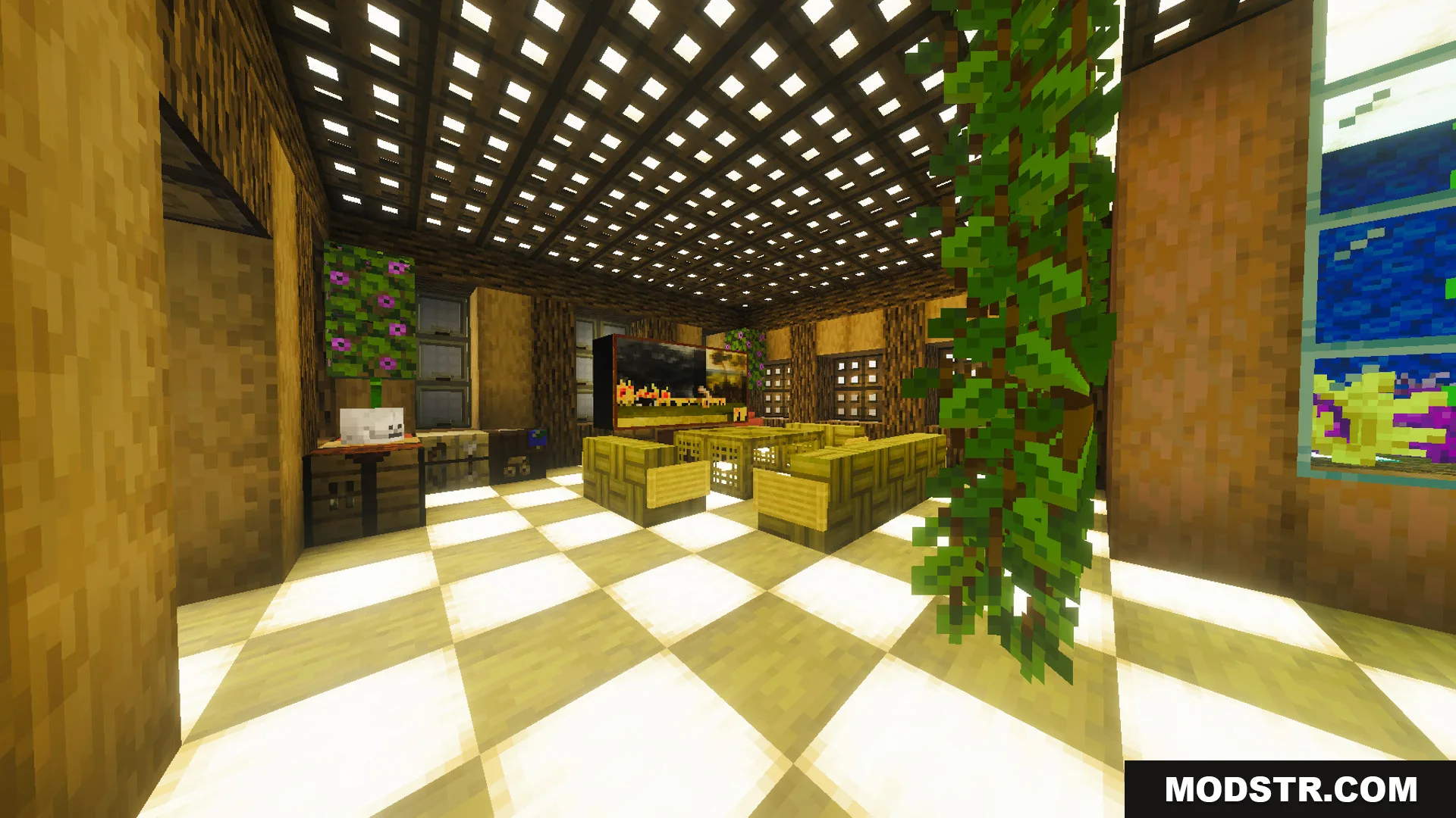 Interior view of a decorated room with bamboo furniture and an aquarium