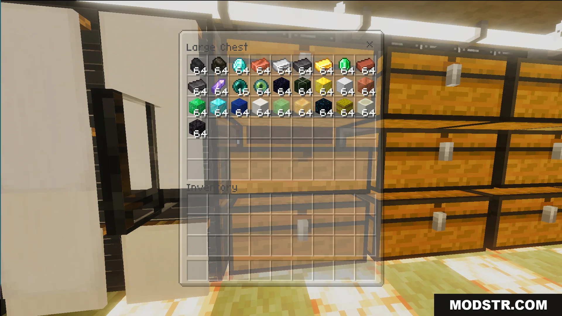 Large chest interface displaying stacks of valuable items inside a glowing storage room
