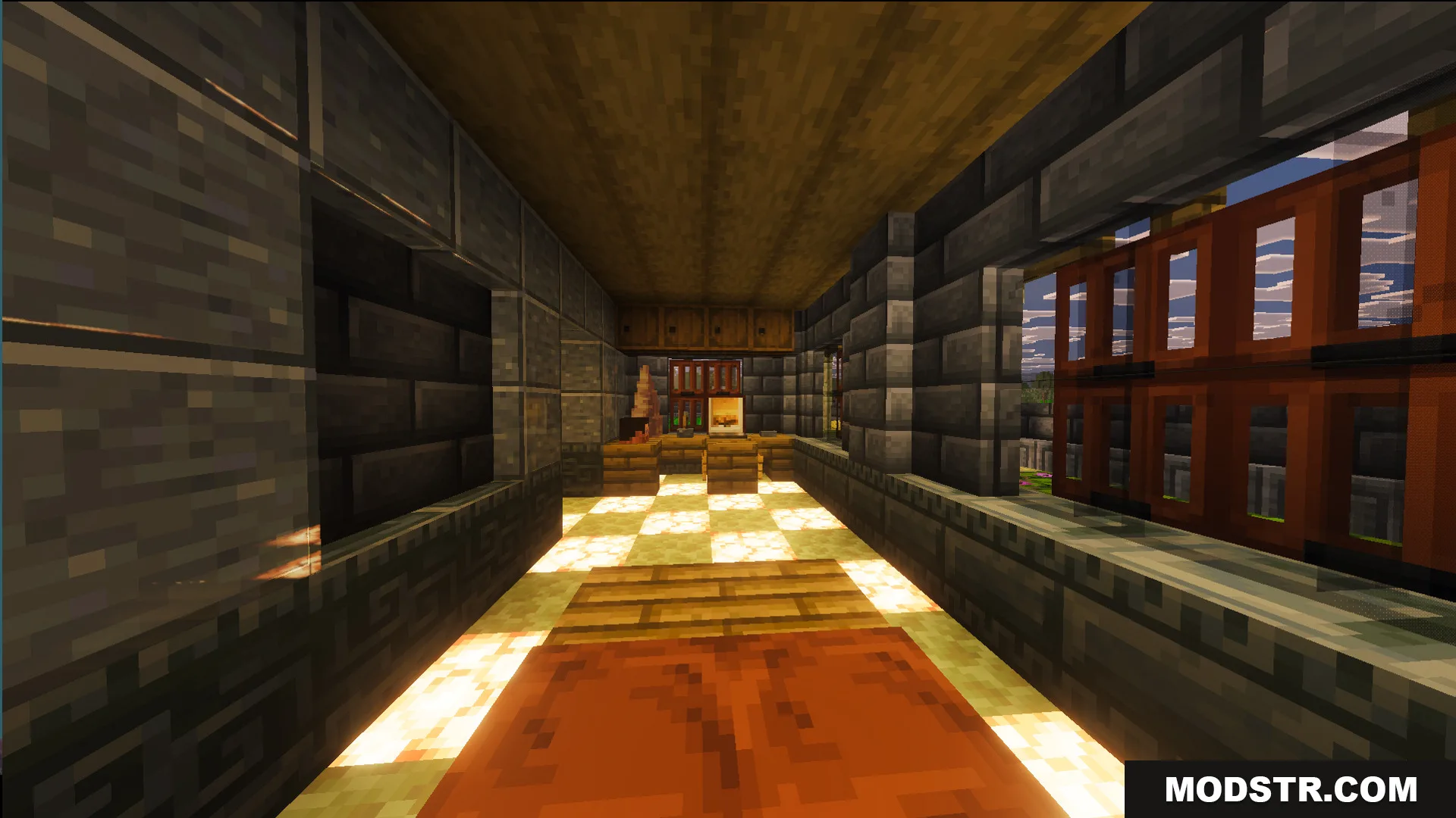 Interior of a glowing storage room with stone walls and wooden chests