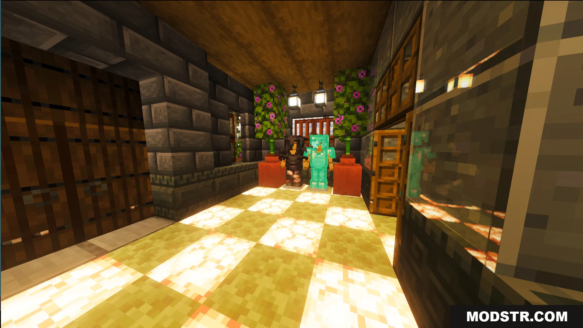 Armor stands with netherite and diamond gear inside a glowing storage room
