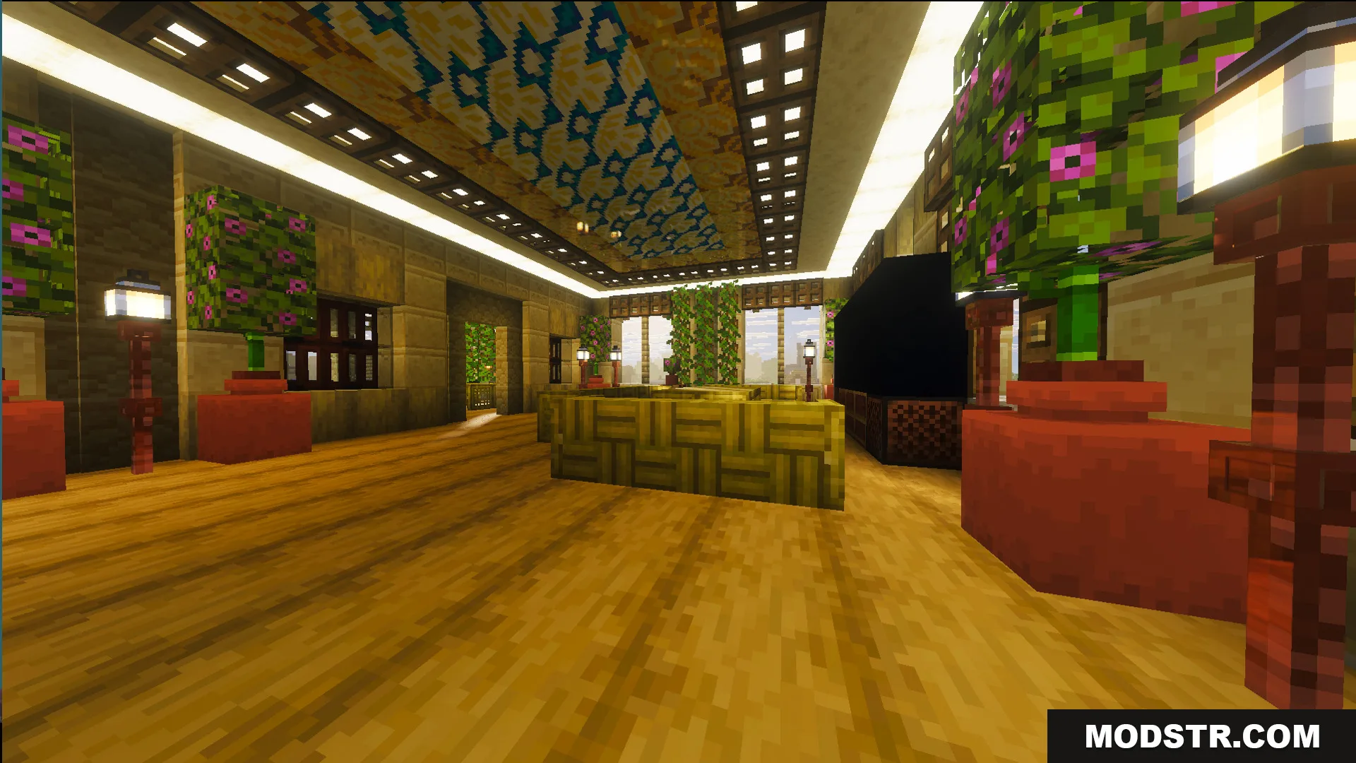 Spacious mansion interior featuring wooden floors and decorative patterns on the ceiling