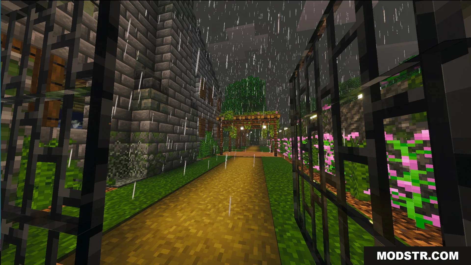 Survival Georgian House 46 Map Screenshot 3 A stone path leading through a garden with pink flowers during the rain