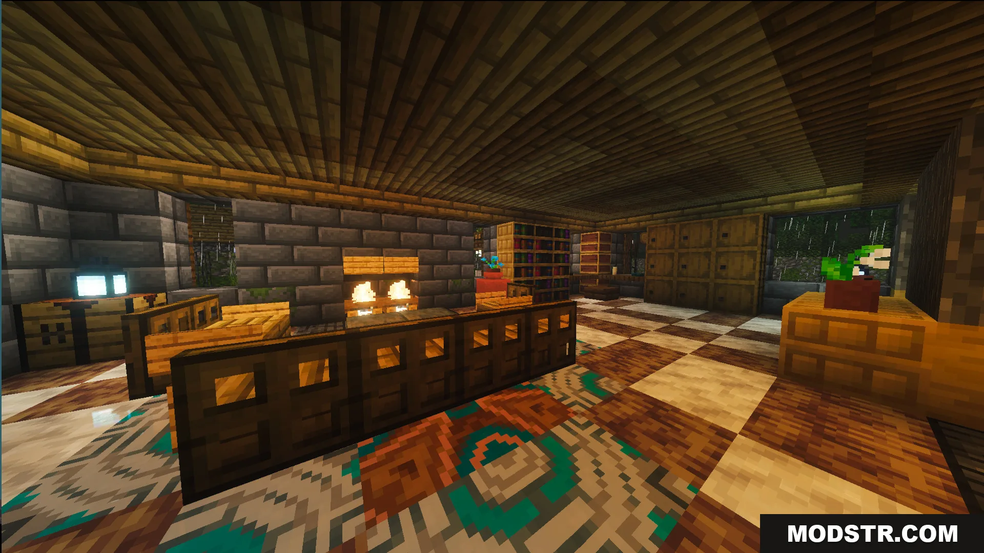Survival Georgian House 46 Map Screenshot 6 The interior includes a fireplace bookshelves and a large patterned floor rug inside