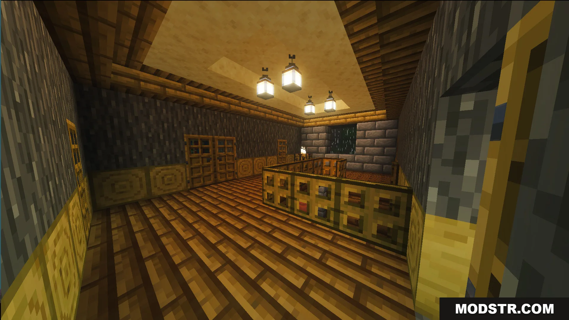 Survival Georgian House 46 Map Screenshot 10 Spacious wooden interior hallway with hanging lanterns and a railing in survival home