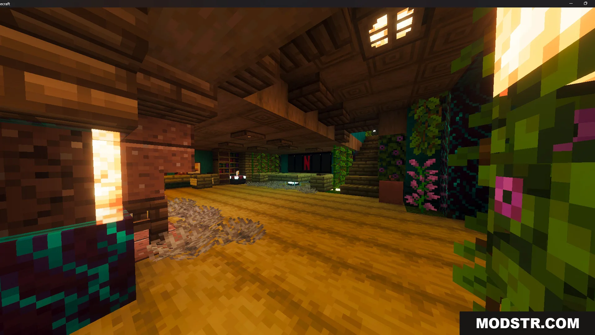 Survival Hobbit House 47 Map Screenshot 2 Cozy living room featuring a granite fireplace and a large computer screen