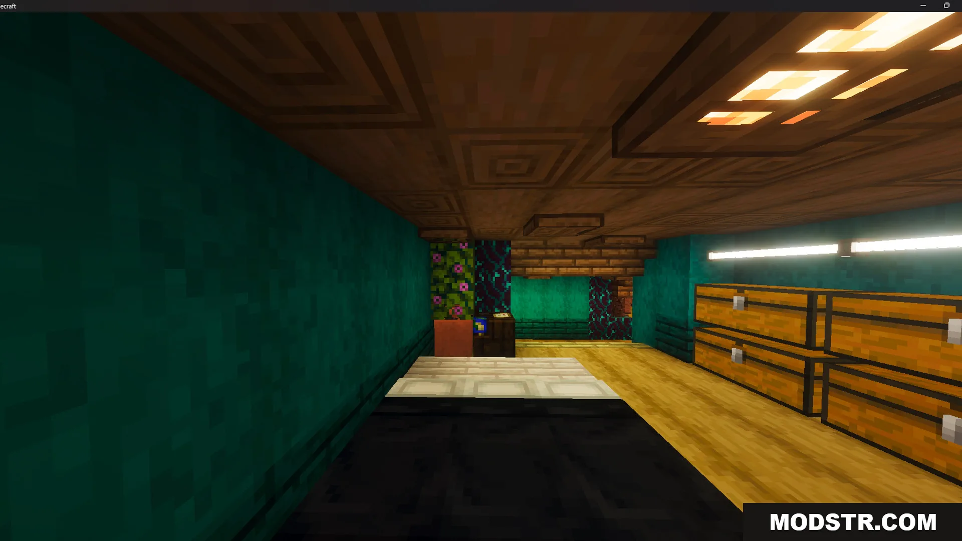 Survival Hobbit House 47 Map Screenshot 1 Interior of a bedroom with teal walls wooden chests and a low ceiling