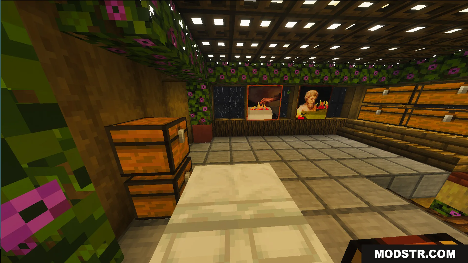Survival Ilustrado House 7 Map Screenshot 10 Cozy bedroom interior with flowering azalea walls and several storage chests