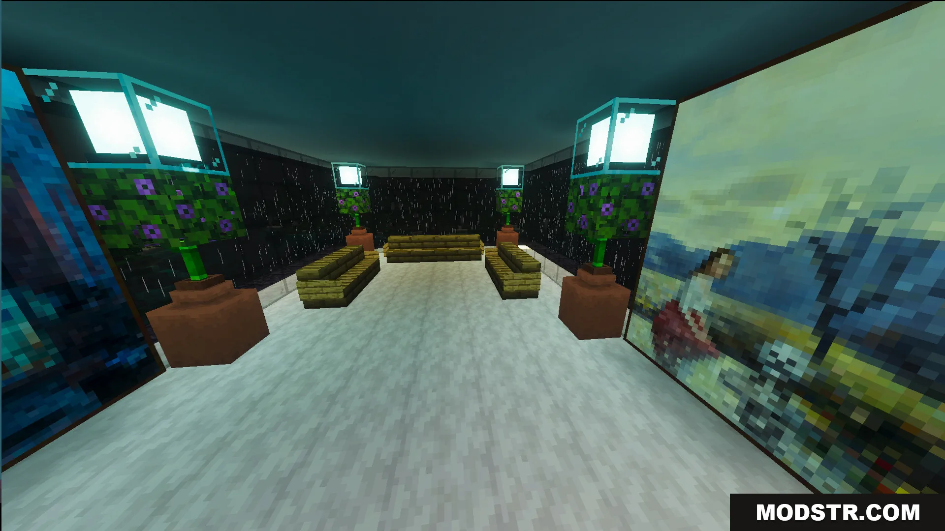 Cozy lounge area featuring wooden benches paintings and glowing decorative plant lamps