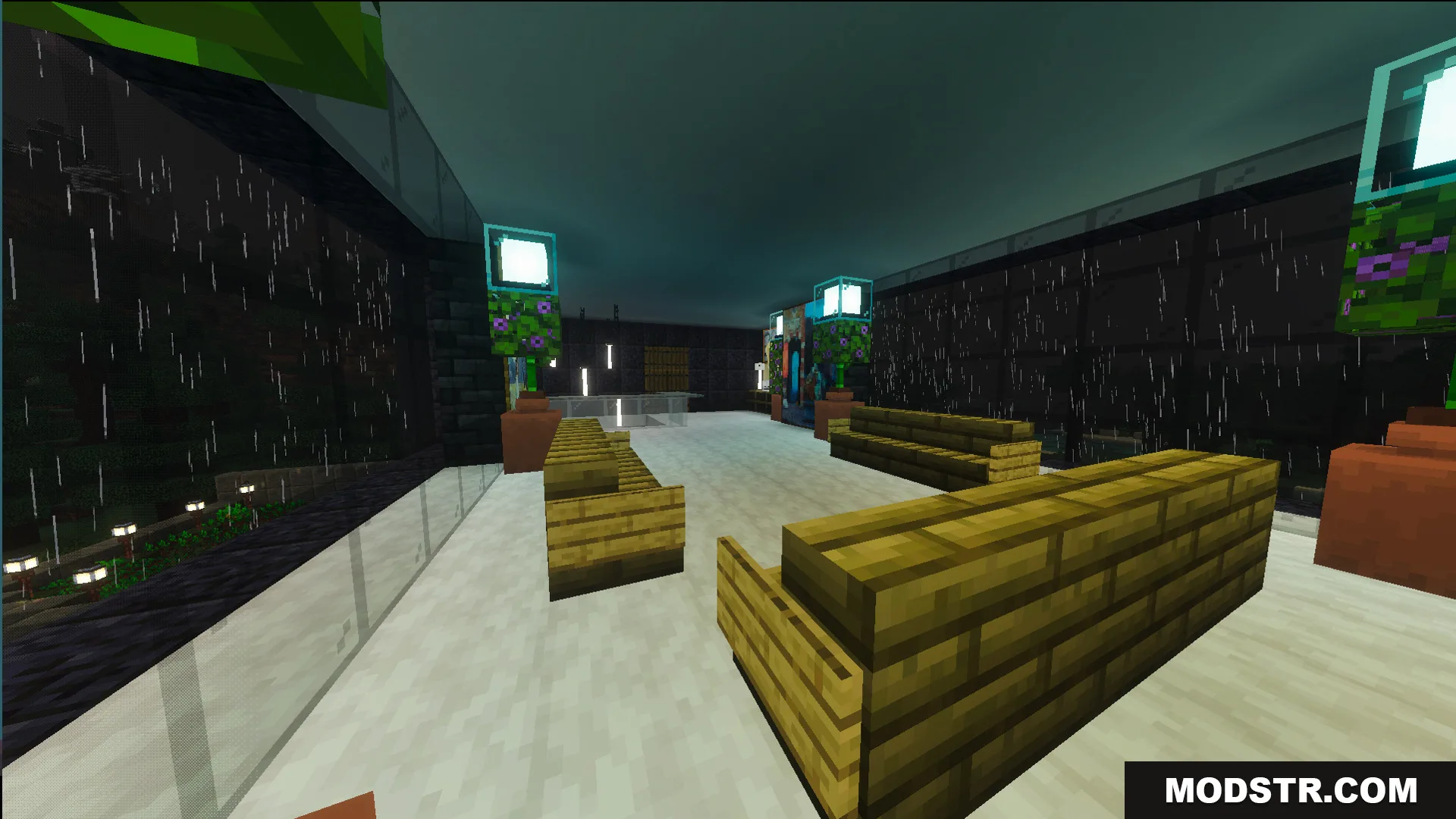 Survival Lakeside House interior with wooden seating and large windows showing rain