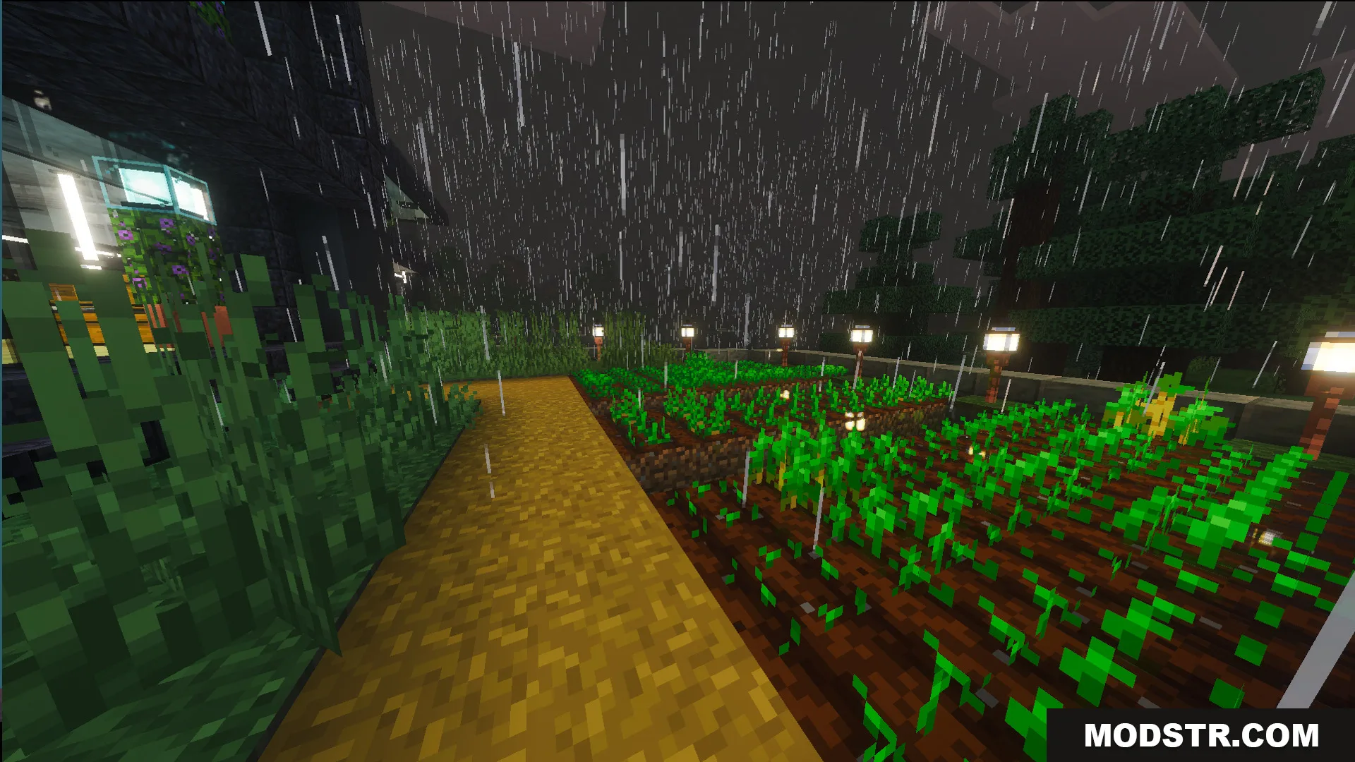 A vegetable farm with glowing lanterns outside the modern house in the rain