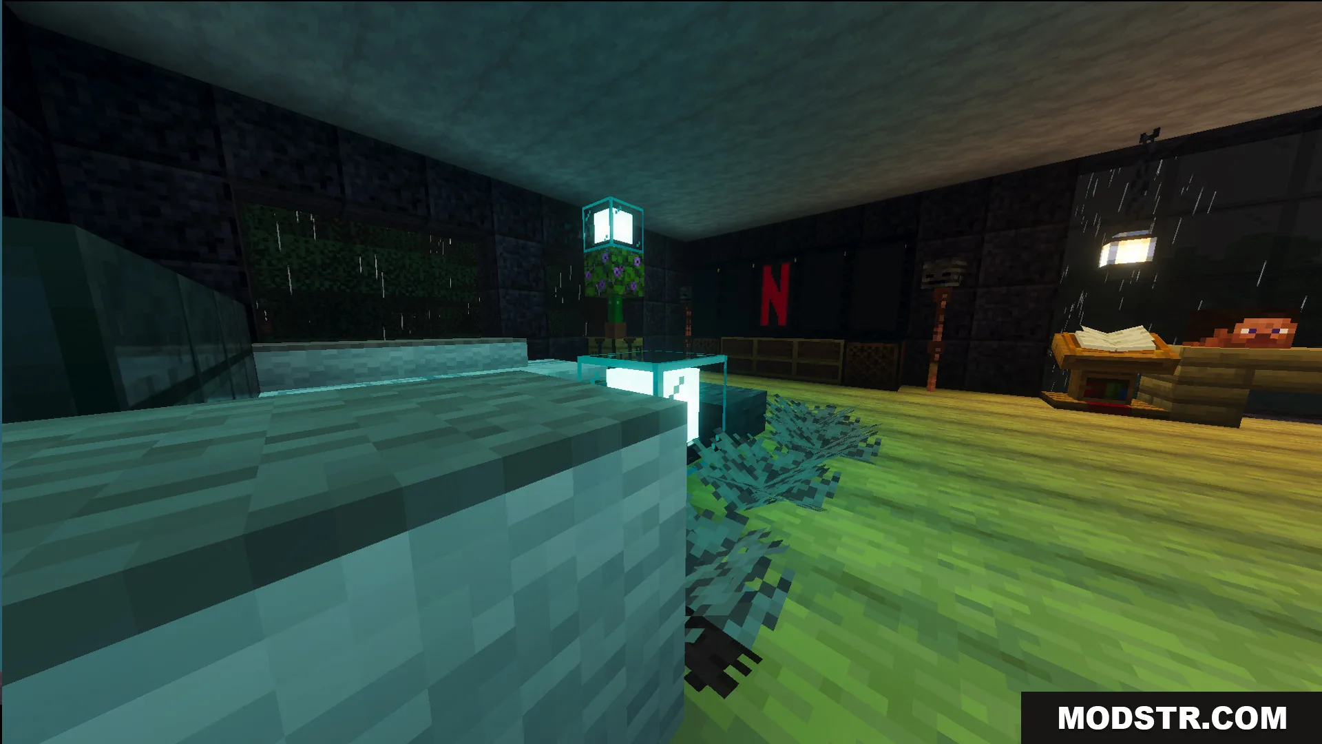 Modern living room with a television screen in Survival Lakeside House 40 Map