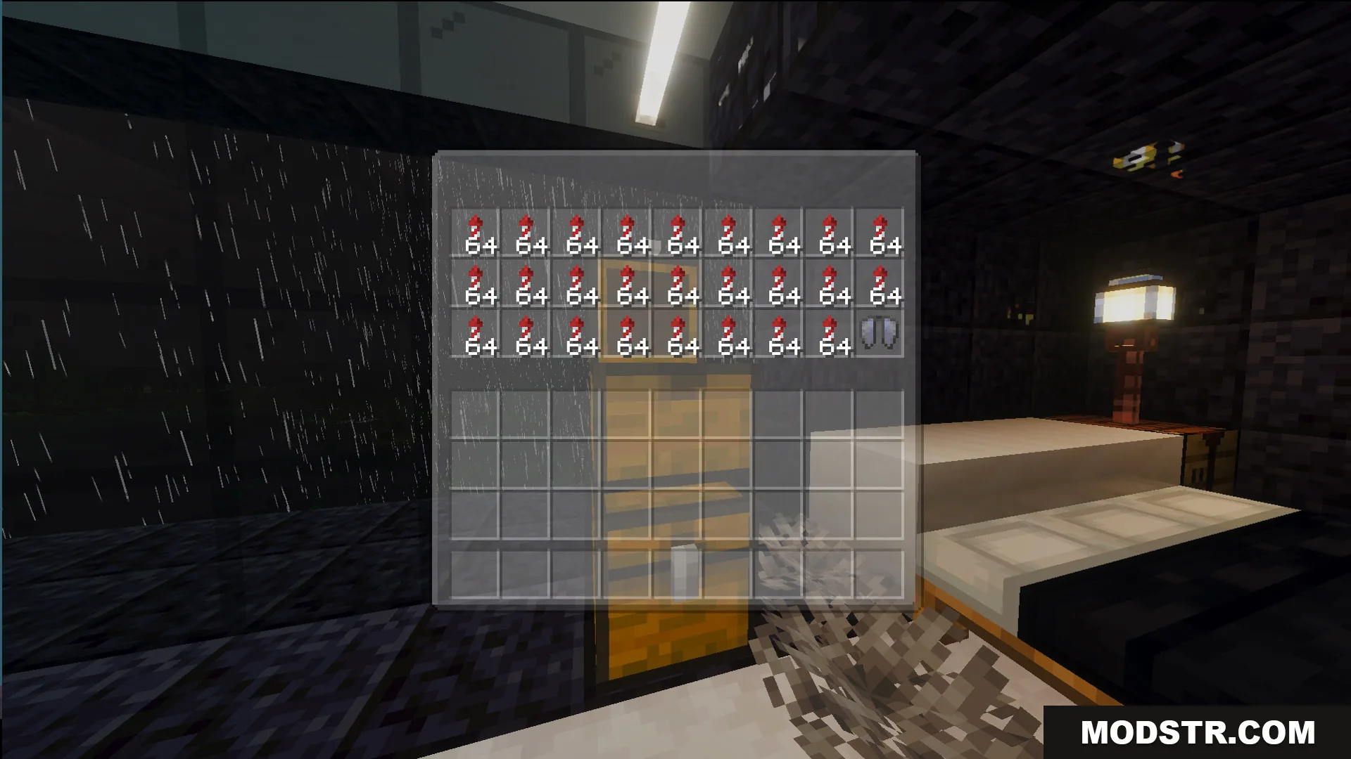 A chest inventory full of redstone torches and shears inside a modern house