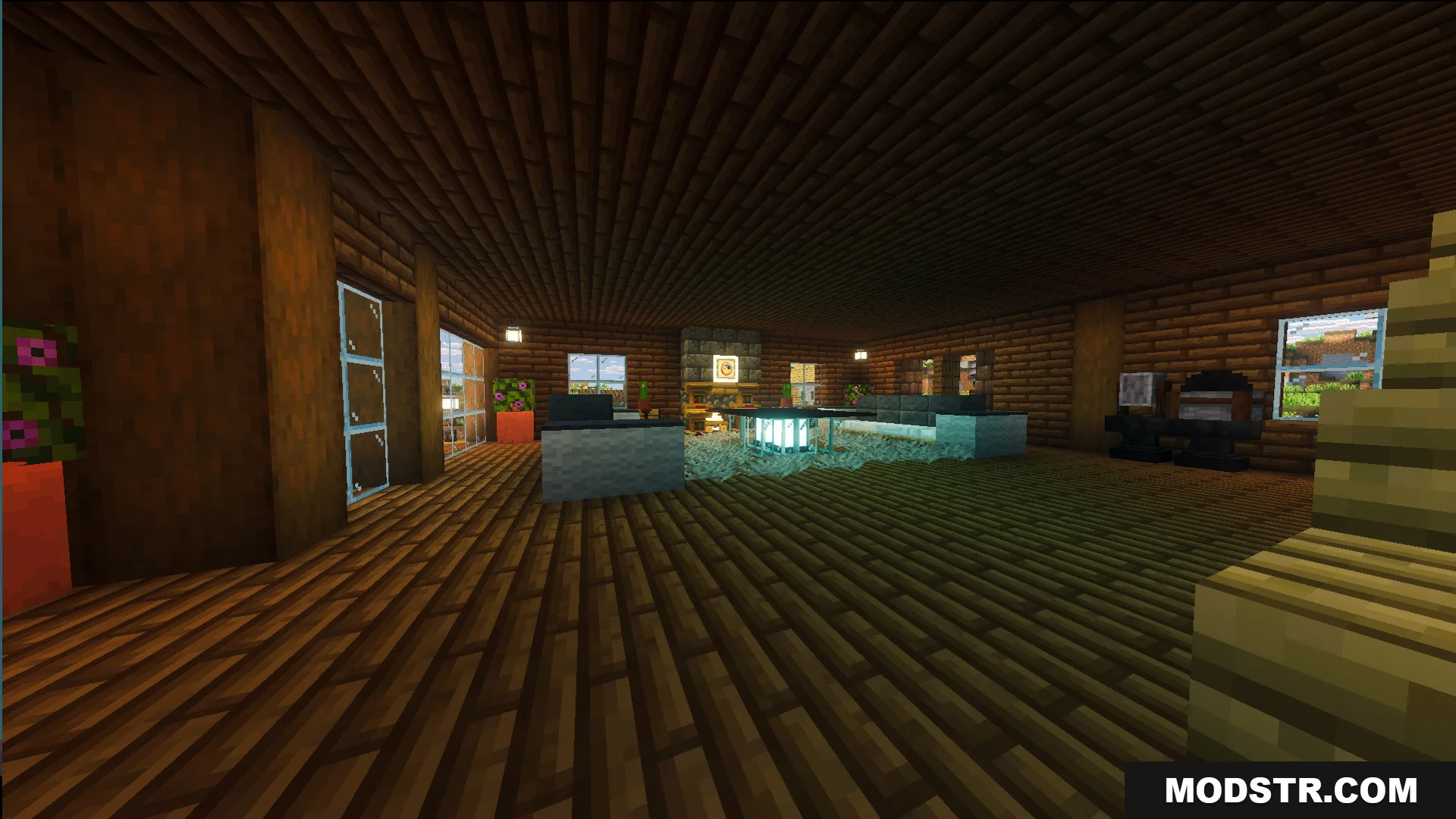Survival Log Cabin House 86 Map Screenshot 5 Spacious living room with dark wood walls and modern furniture inside the log cabin