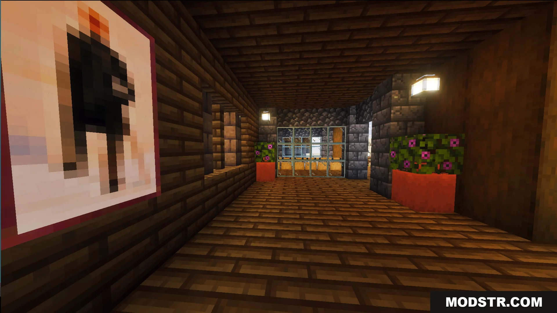 Survival Log Cabin House 86 Map Screenshot 7 Cozy interior hallway of a wooden house with a painting and potted plants