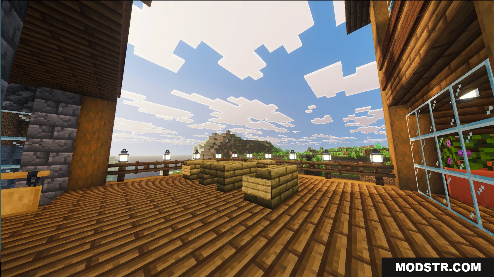 Survival Log Cabin House 86 Map Screenshot 4 Nice balcony to the outside with glowing lanterns and wooden features