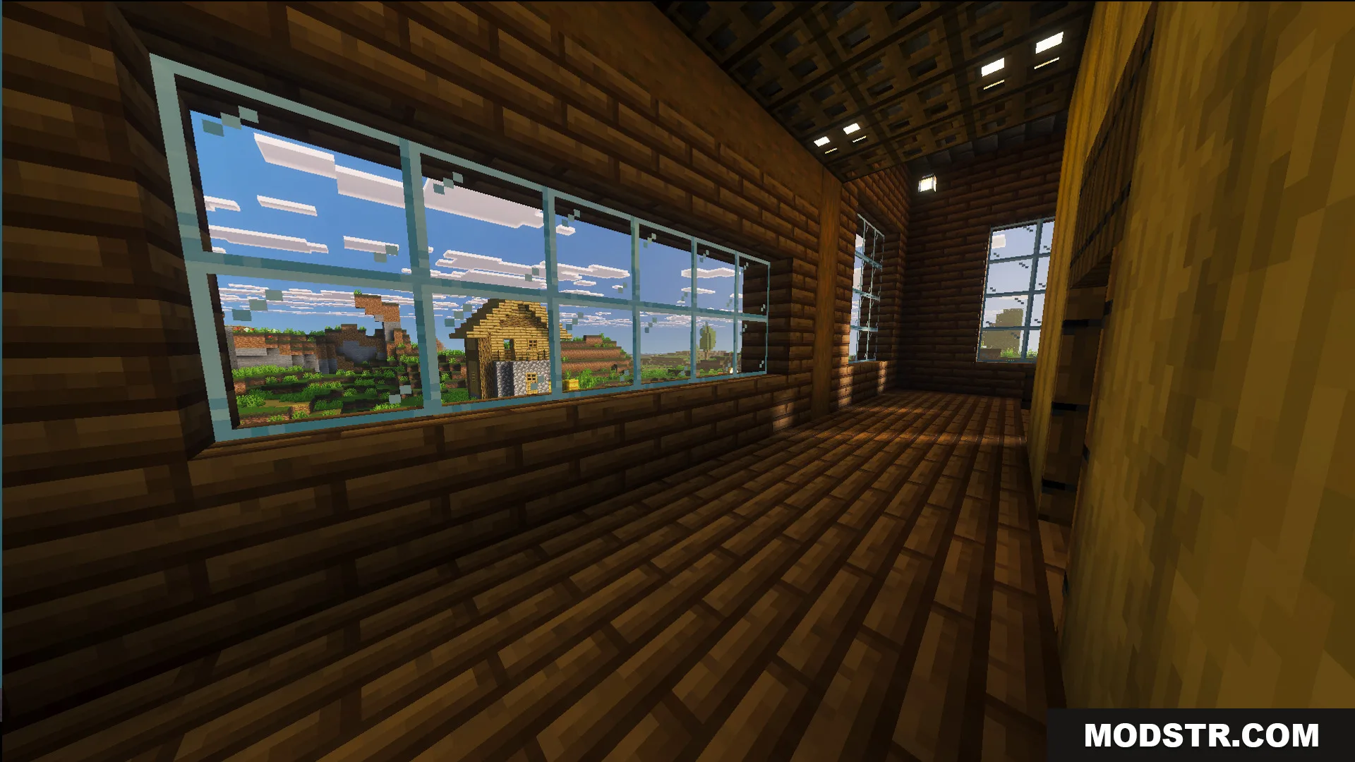 Survival Log Cabin House 86 Map Screenshot 8 Large glass windows in a wooden house overlooking a village and green landscape