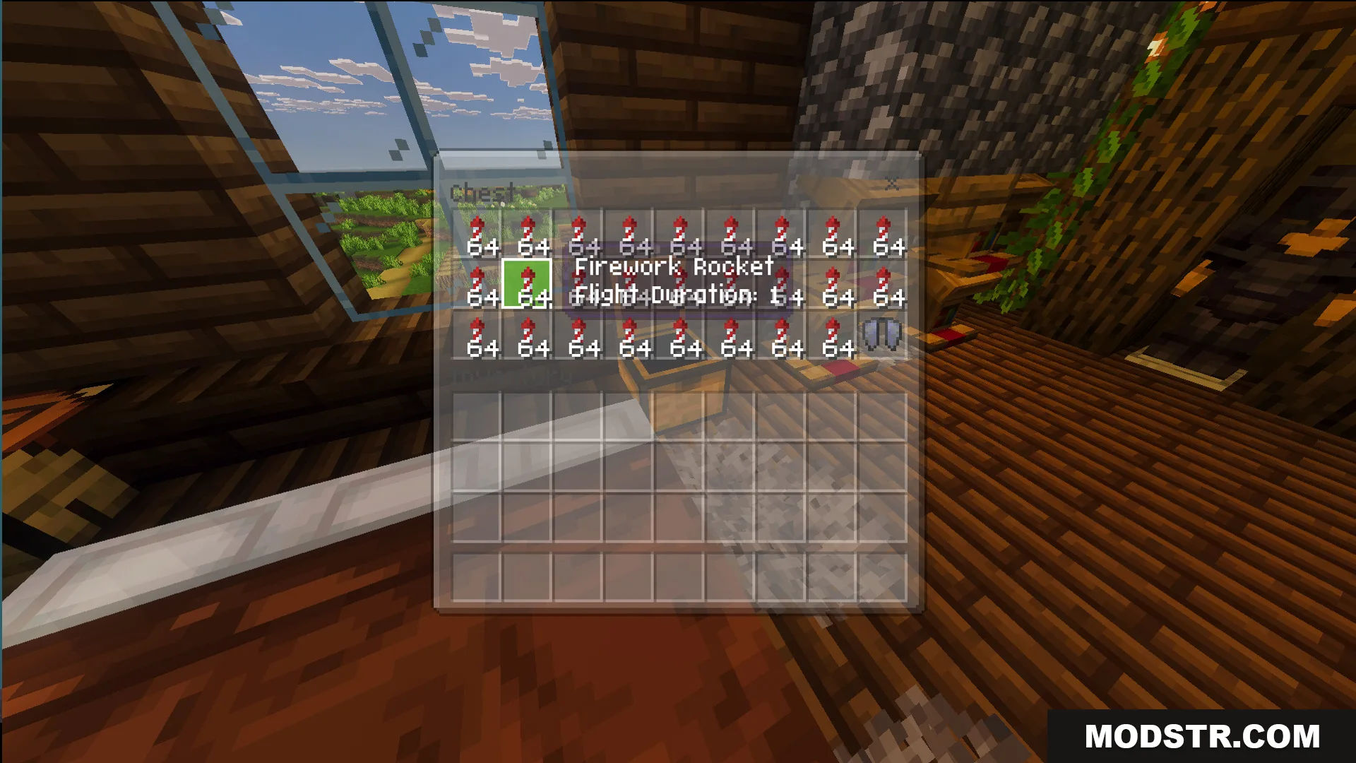 Survival Log Cabin House 86 Map Screenshot 10 A chest interface filled with stacks of firework rockets and an elytra
