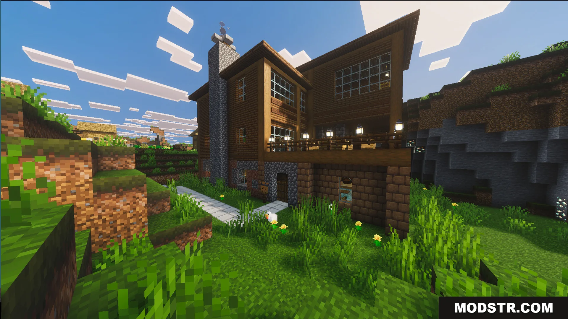 Survival Log Cabin House 86 Map Screenshot 2 Wooden house with glowing lanterns on a balcony near a small village