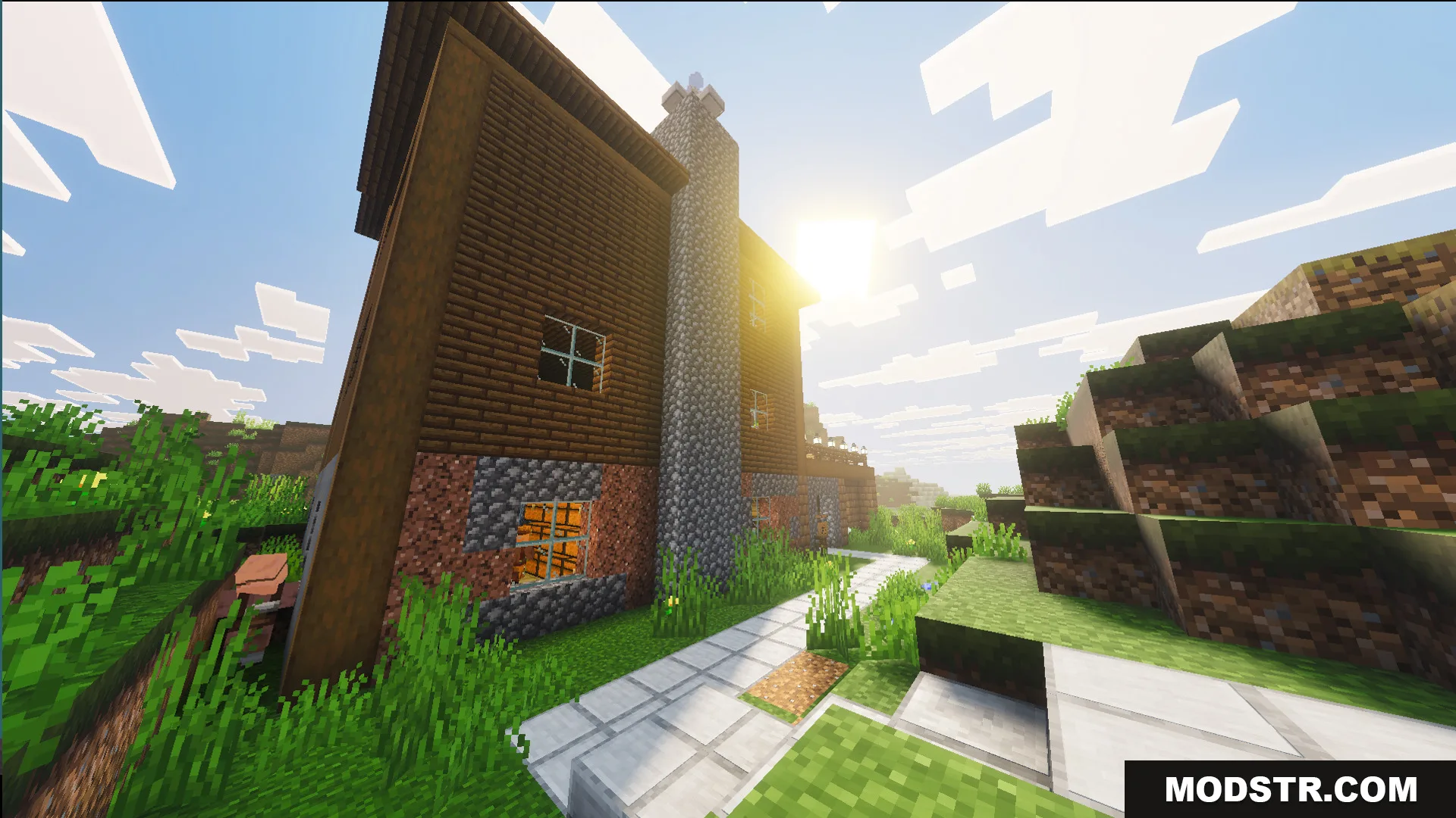 Survival Log Cabin House 86 Map Screenshot 1 Survival Log Cabin House features a tall stone chimney and white path