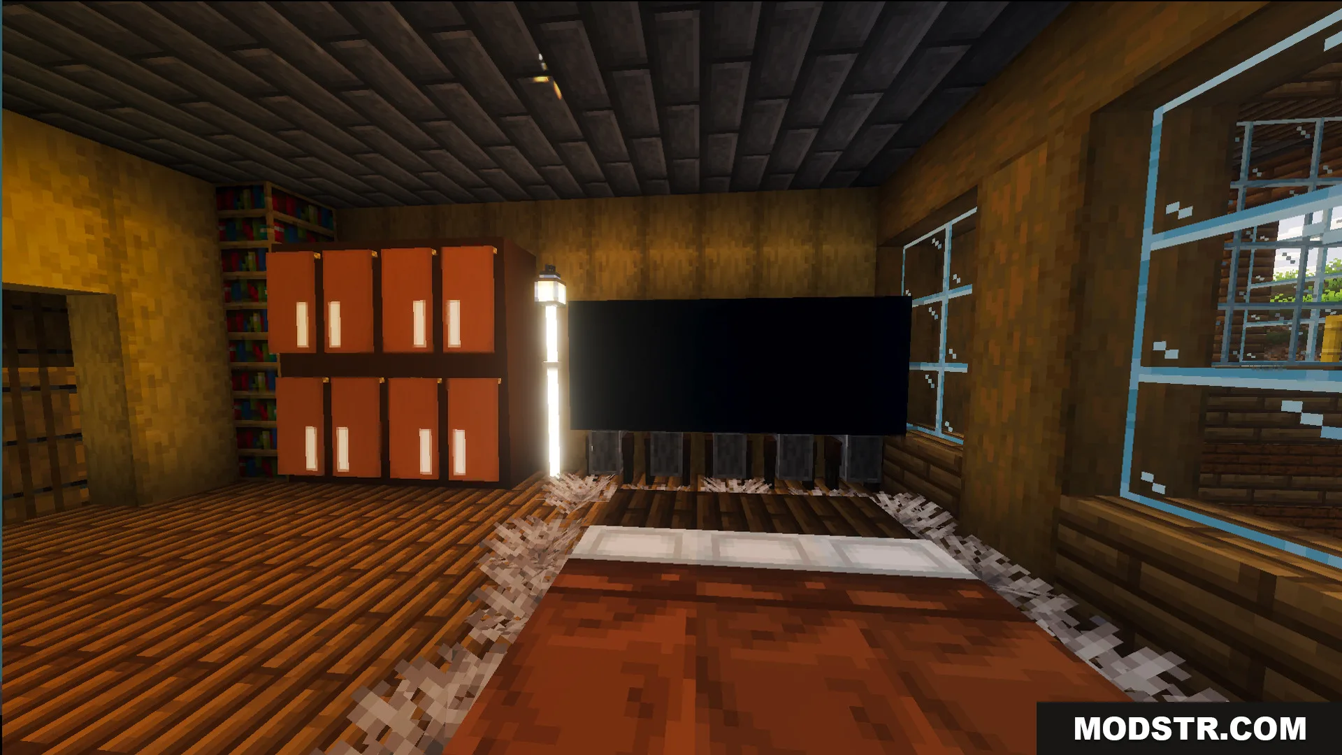 Survival Log Cabin House 86 Map Screenshot 11 Detailed interior of a cozy bedroom with a bed and black screen