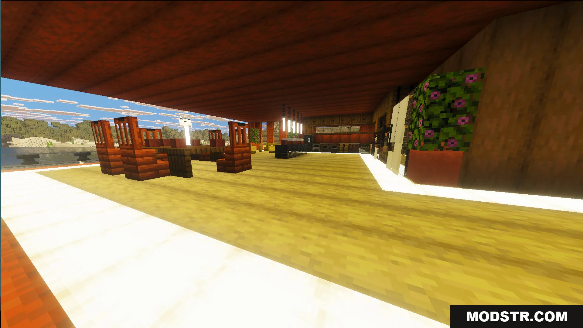 Survival Modern Flat House 39 Map Screenshot 8 Spacious interior area with wooden dining furniture and large windows overlooking the landscape