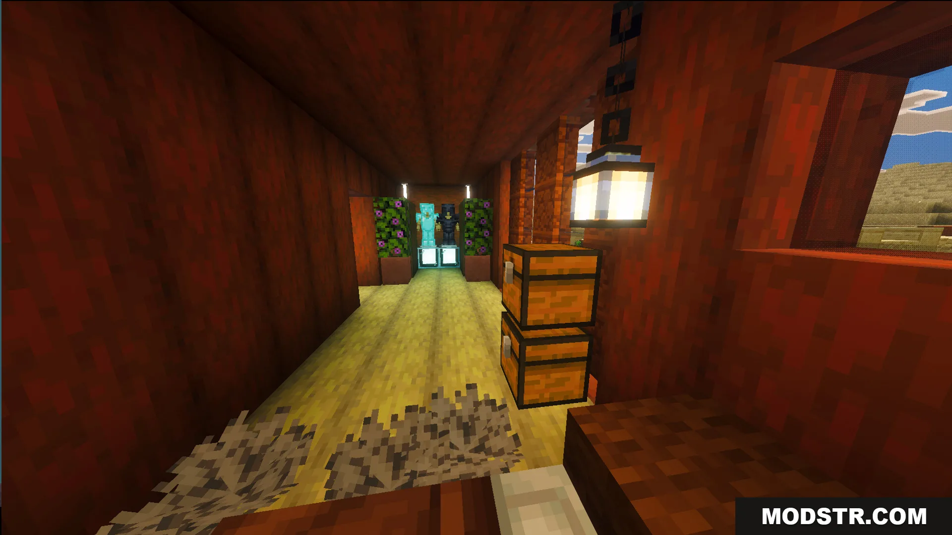 Survival Modern Flat House 39 Map Screenshot 2 Interior view of a wooden hallway with armor stands and stacked storage chests