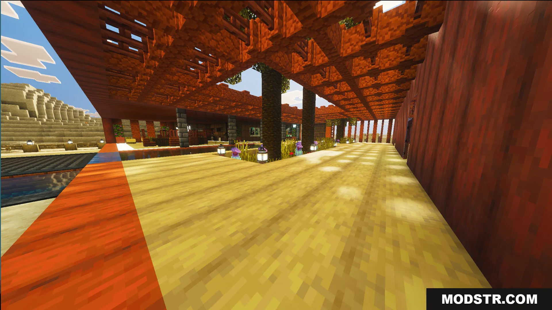 Survival Modern Flat House 39 Map Screenshot 10 Spacious wooden interior of a modern desert house with lanterns and trees