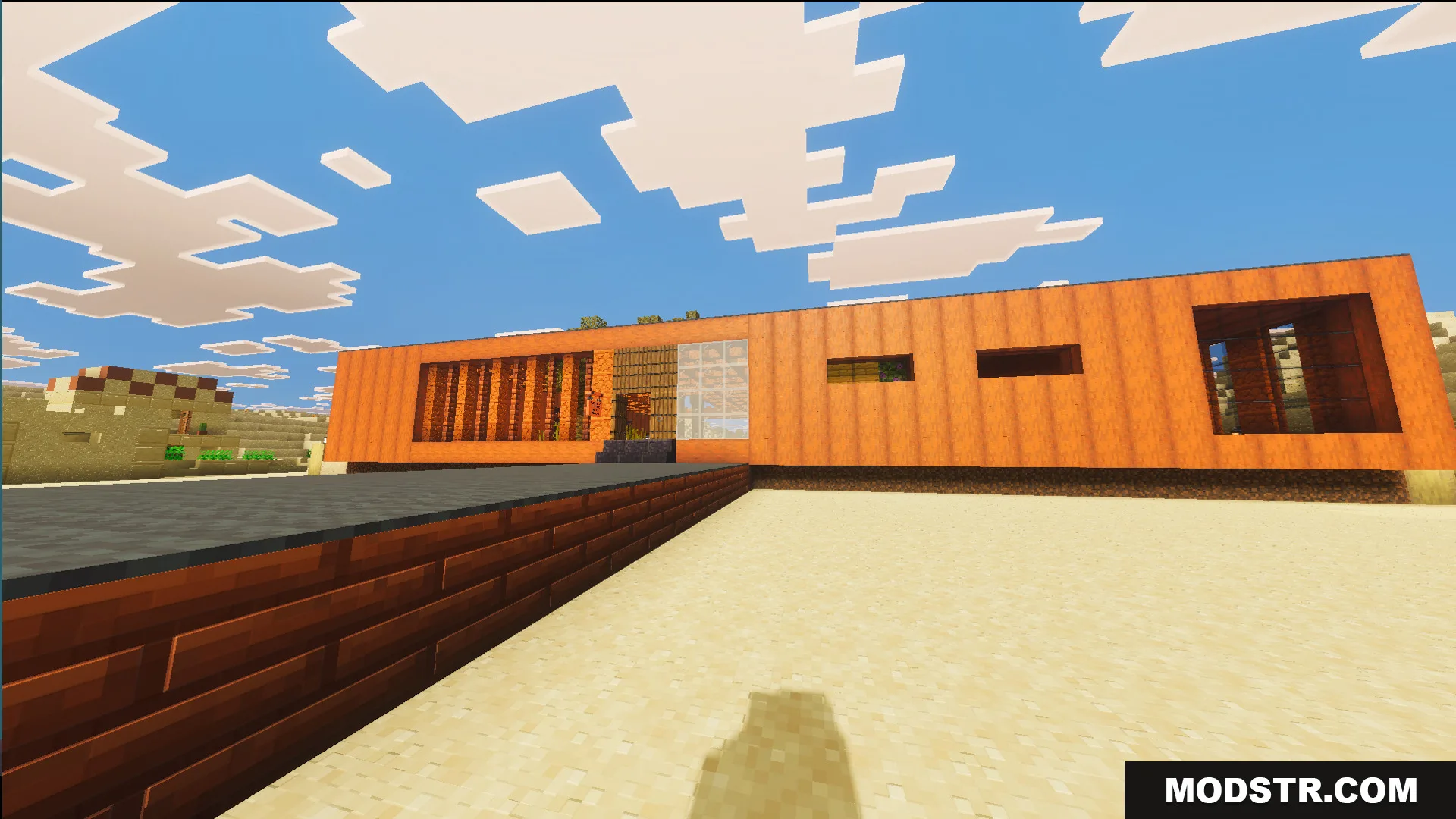 Survival Modern Flat House 39 Map Screenshot 4 Front view of a long modern orange house located in a desert biome