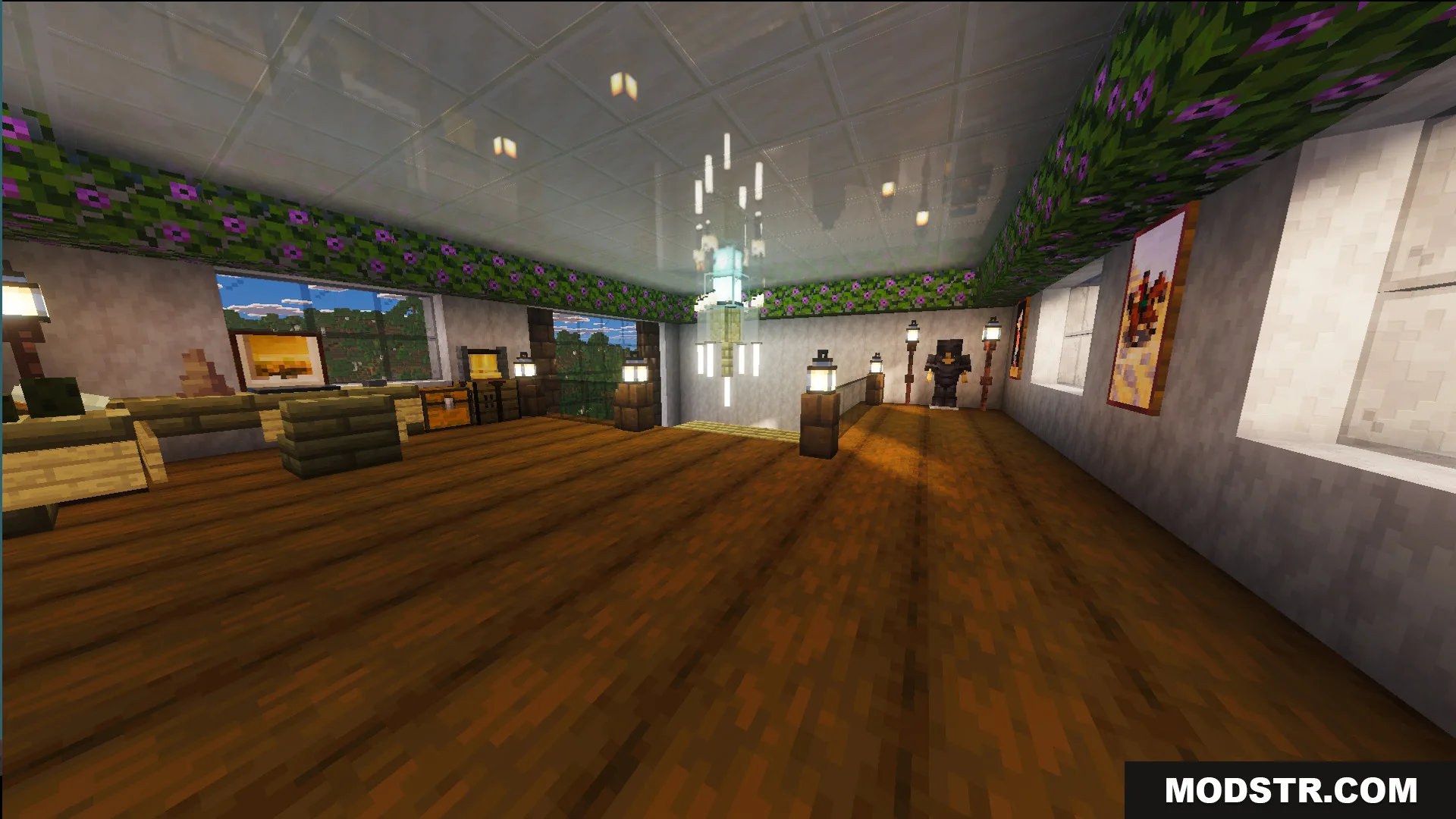 Survival Modern House 10 Map Screenshot 2 Survival Modern House Ten Map interior featuring wooden floors and a netherite armor display