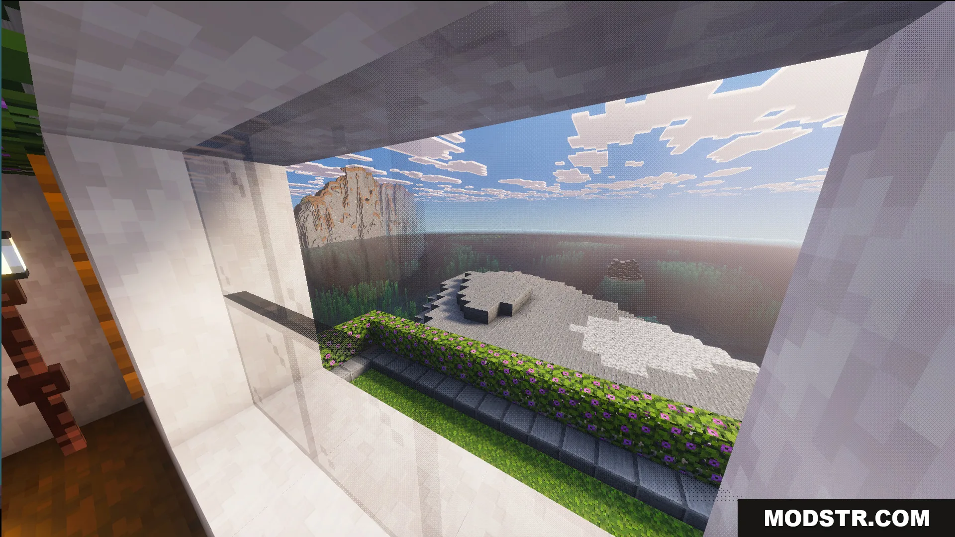 Survival Modern House 10 Map Screenshot 9 Large window in Survival Modern House 10 Map overlooking a scenic mountain biome