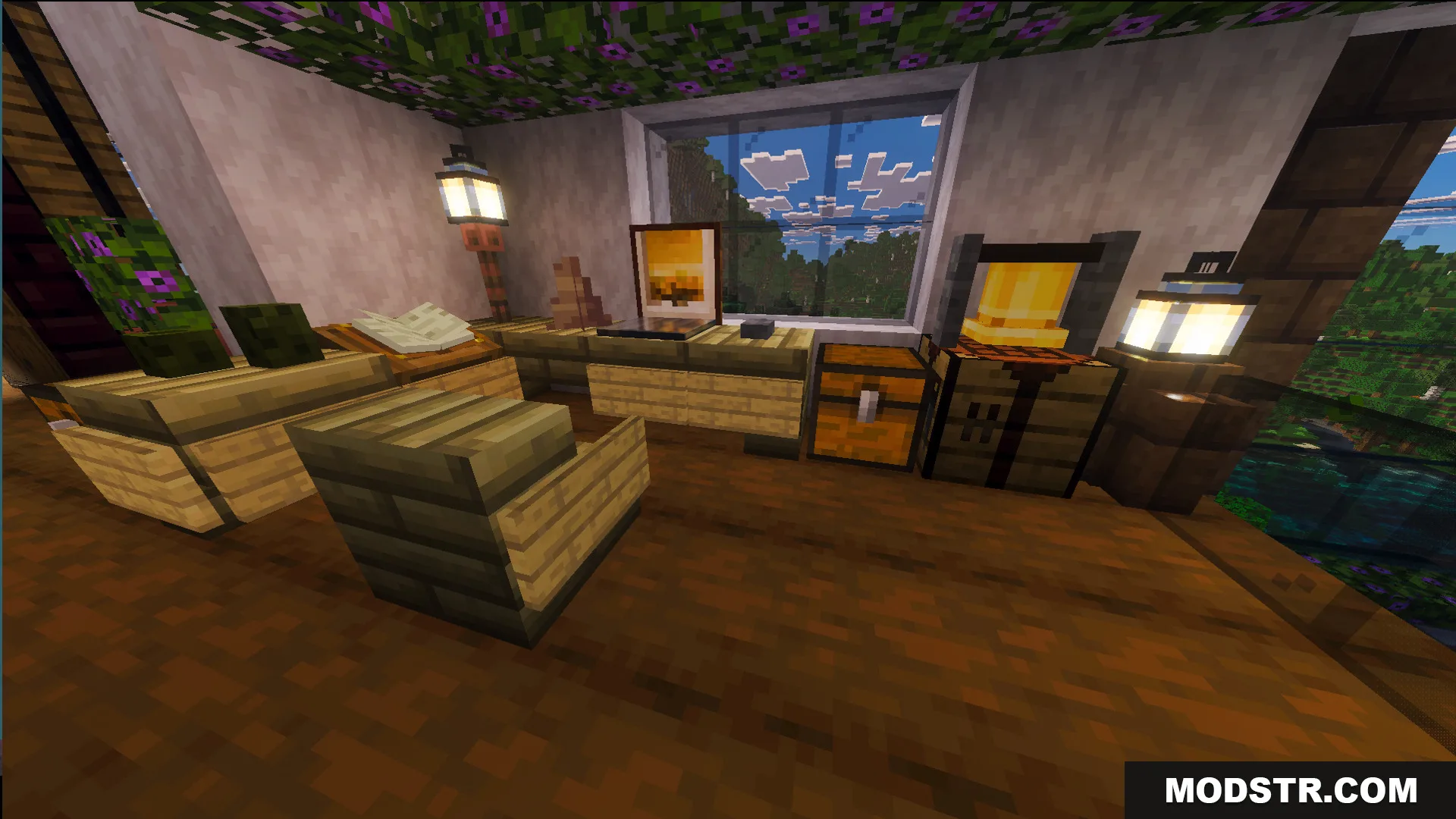 Survival Modern House 10 Map Screenshot 10 Cozy room interior featuring a wooden desk lanterns and a large glass window