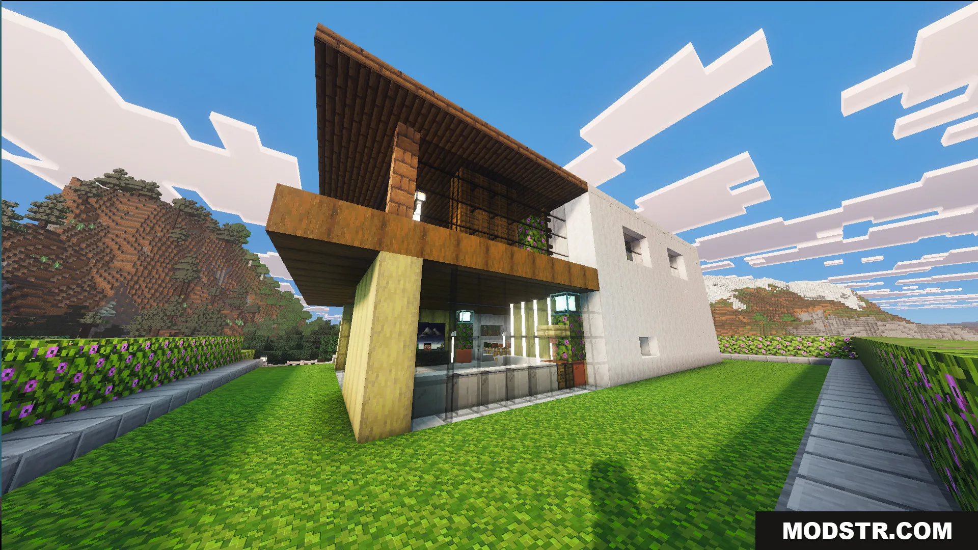Survival Modern House 10 Map Screenshot 6 Modern house exterior with glass walls and a wooden balcony in Minecraft