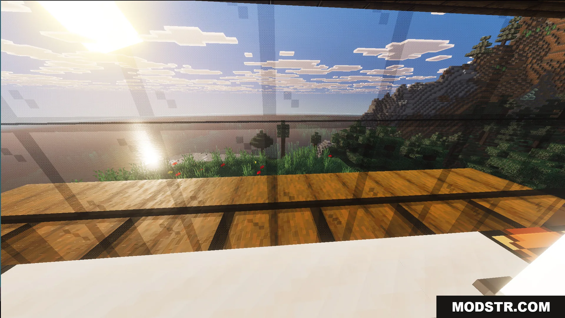 Survival Modern House 10 Map Screenshot 1 A scenic mountain view through a large glass window in a modern house