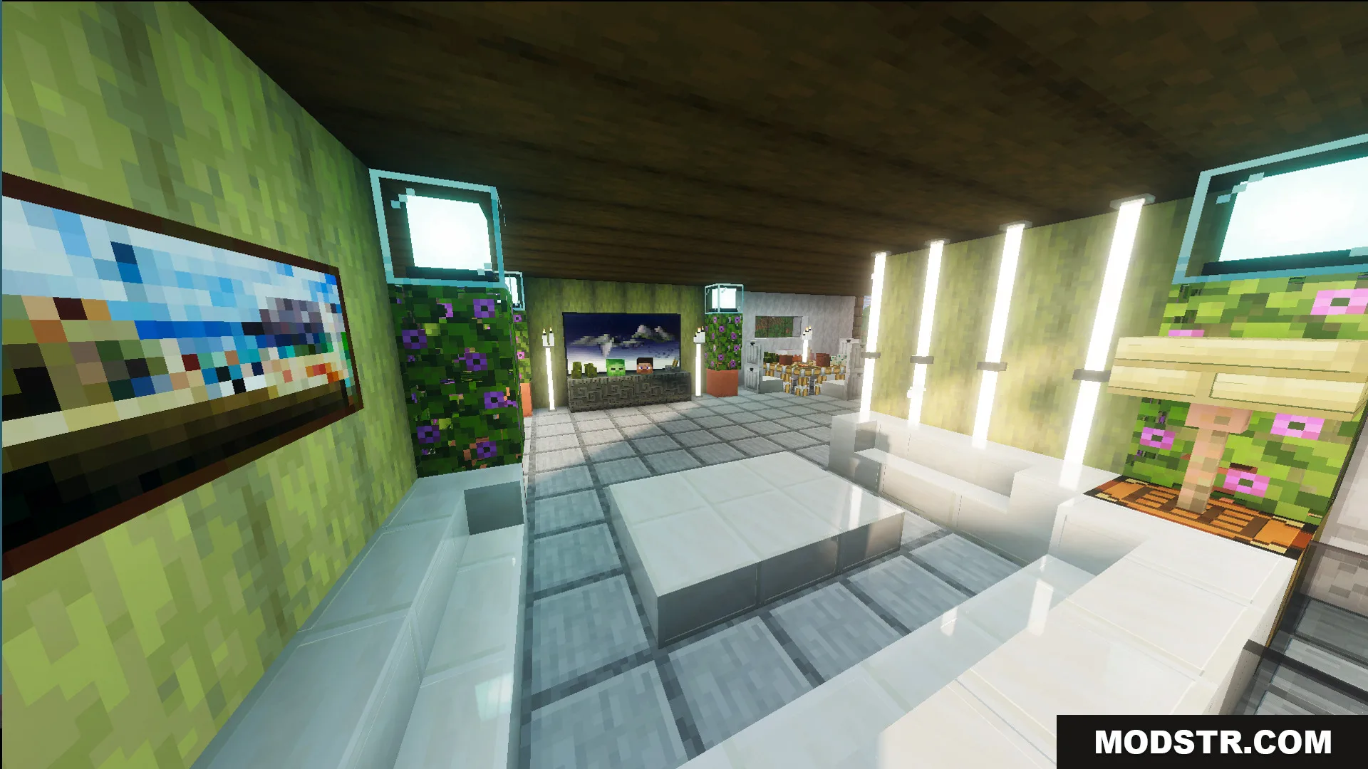 Survival Modern House 10 Map Screenshot 4 Modern living room area with white furniture and decorative lighting inside the house