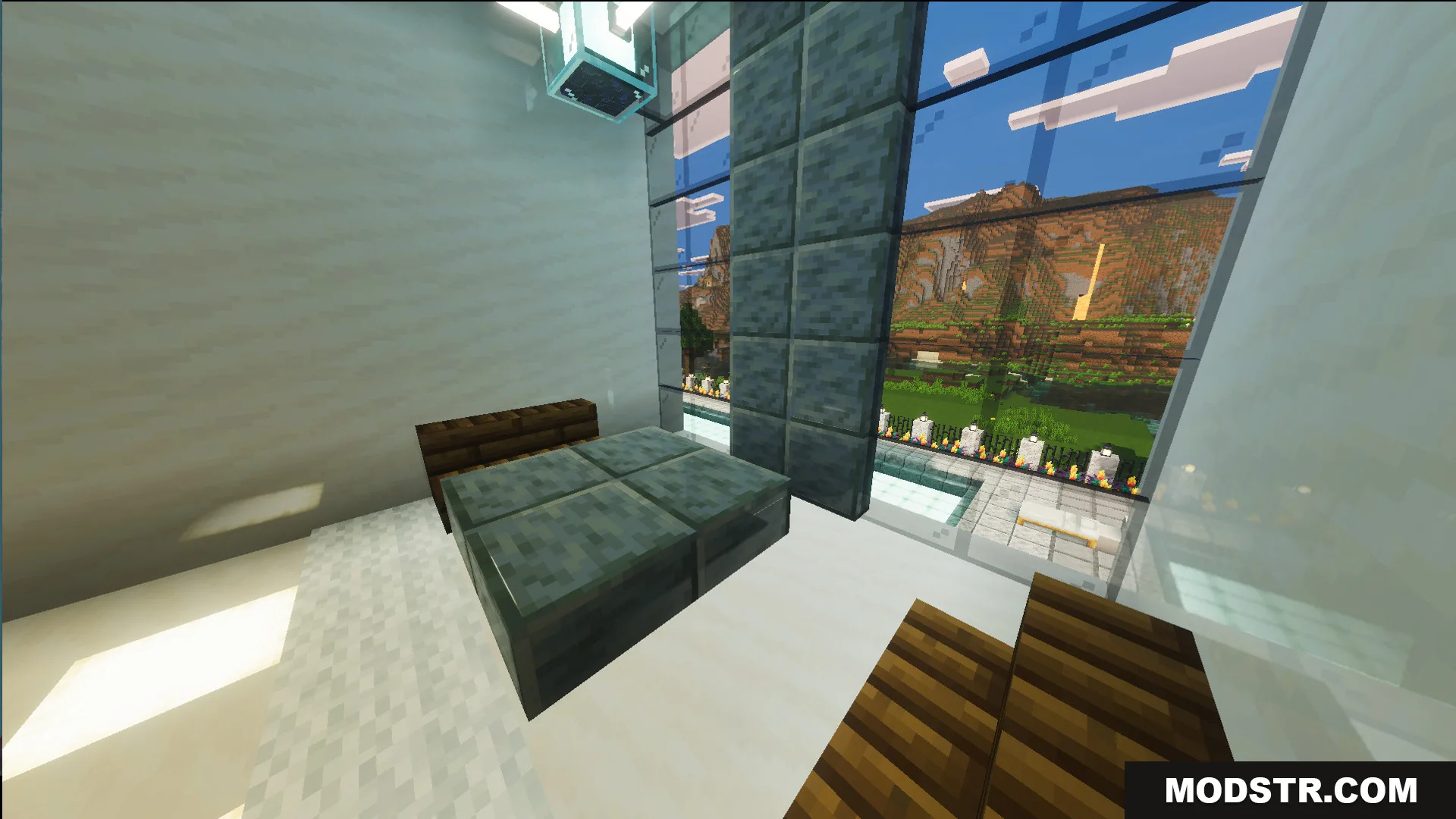 Survival Modern House 13 Map Screenshot 10 Modern bedroom with custom furniture and a large window overlooking the pool