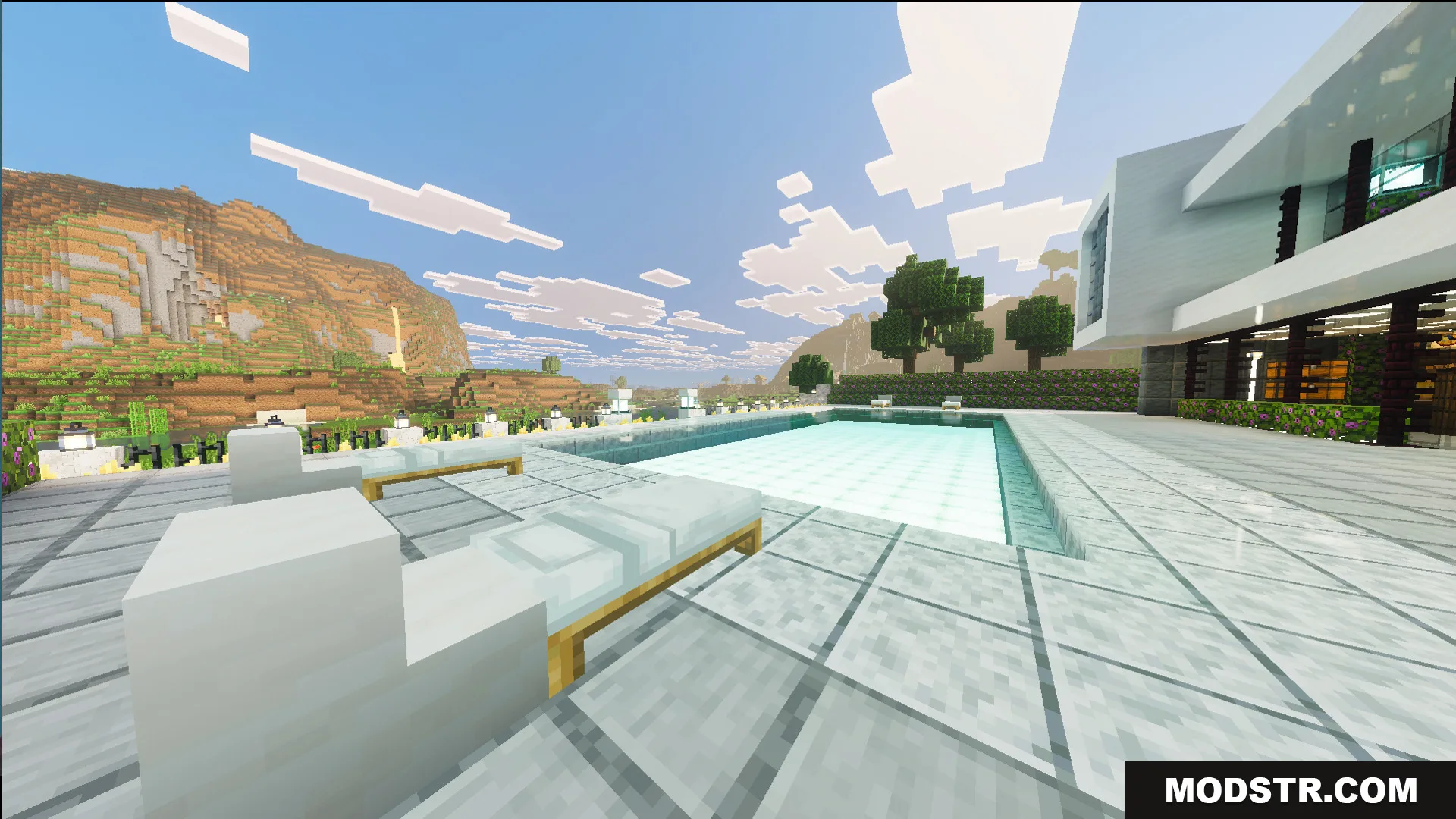 Survival Modern House 13 Map Screenshot 6 Large swimming pool and white lounge chairs outside the modern white mansion