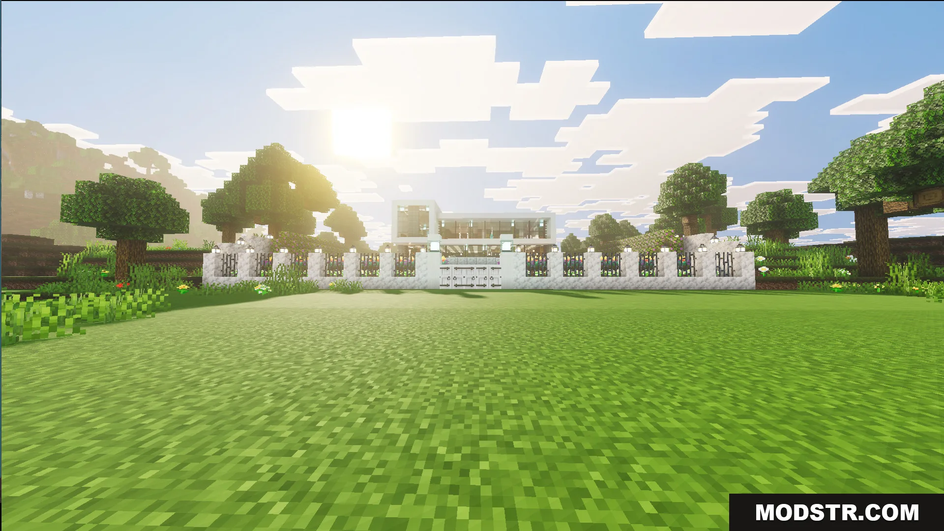 Survival Modern House 13 Map Screenshot 8 A white fence with lanterns surrounds a large modern house in the plains