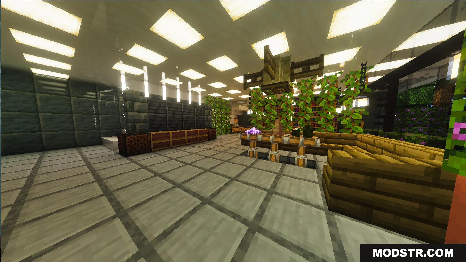 Survival Modern House 13 Map Screenshot 4 Modern living room with custom wooden furniture and glowing ceiling lights inside