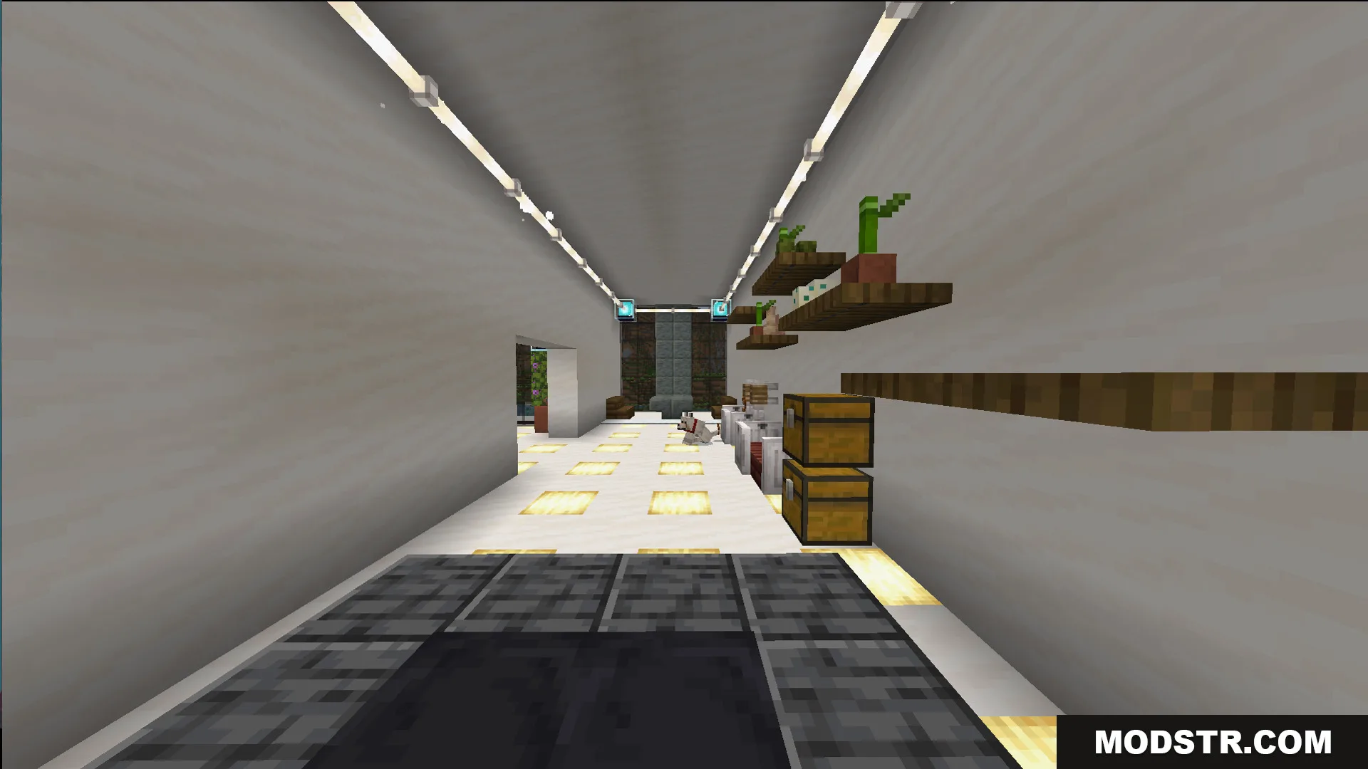 Survival Modern House 13 Map Screenshot 11 Interior of a large white mansion with custom furniture and a dog