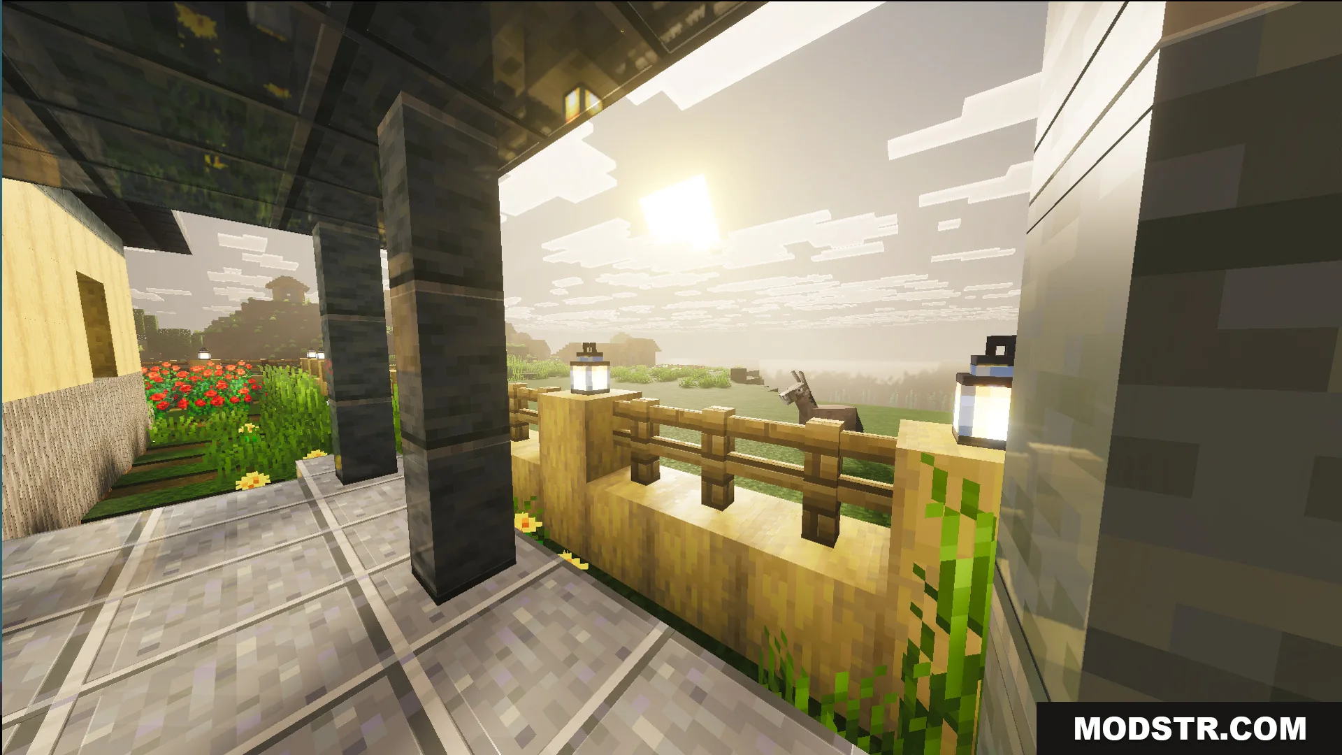 Survival Modern House 19 Map Screenshot 4 Modern house exterior with a fenced garden and stone pillars at sunset
