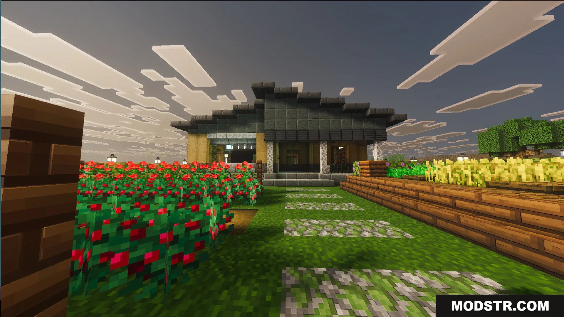 Survival Modern House 19 Map Screenshot 8 The front entrance of a modern house with flowers and stone paths