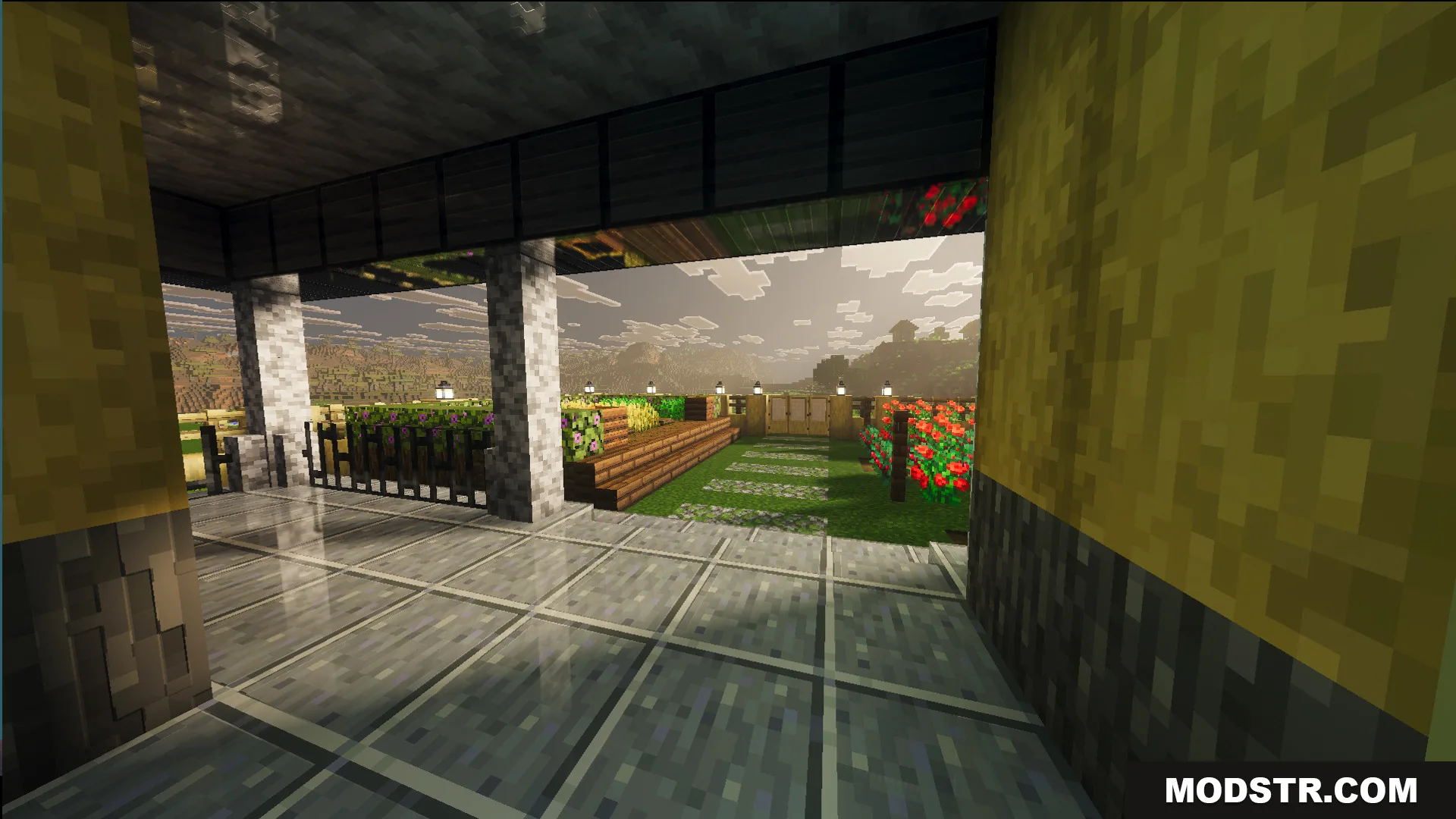 Survival Modern House 19 Map Screenshot 5 Survival Modern House 19 Map features a porch overlooking a lush garden area