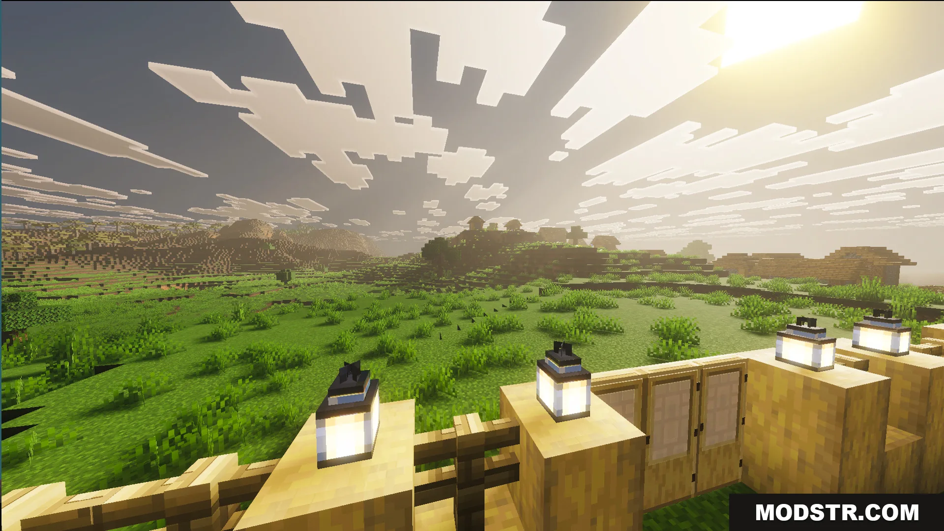 Survival Modern House 19 Map Screenshot 10 View of a lush plains biome and a village from the fenced garden