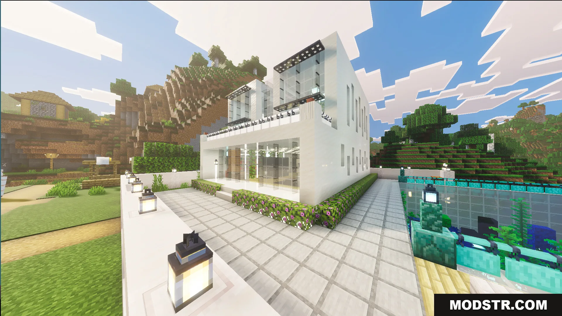 Survival Modern House 23 Map Screenshot 1 Modern white house with a colorful garden next to a village