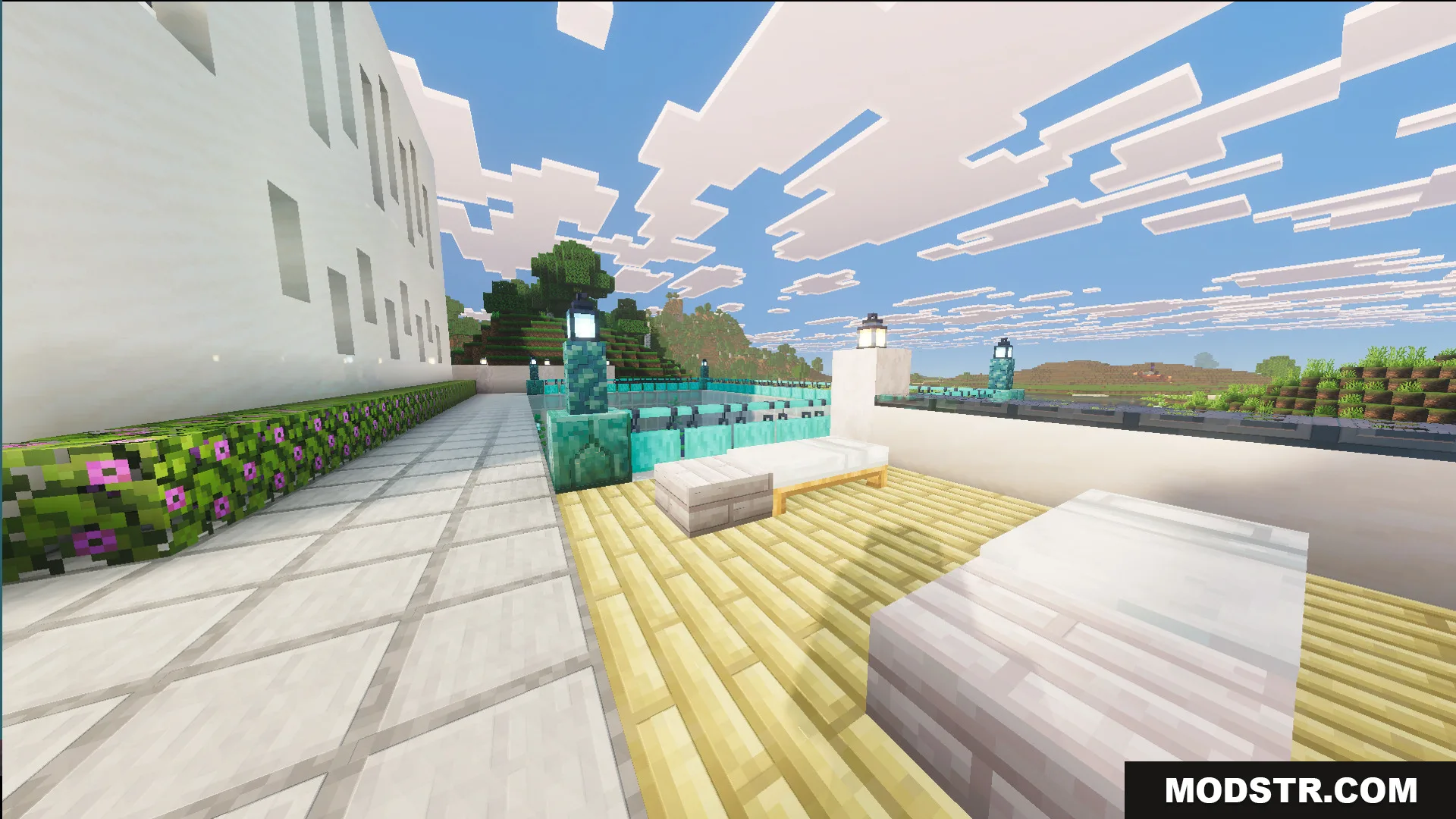 Survival Modern House 23 Map Screenshot 4 Sunny patio area with white lounge chairs and a wooden deck outside