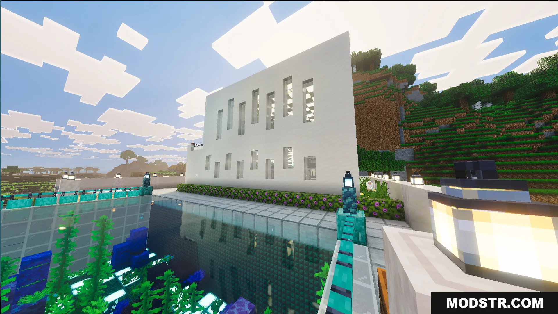 Survival Modern House 23 Map Screenshot 2 Large swimming pool next to a modern white house exterior build