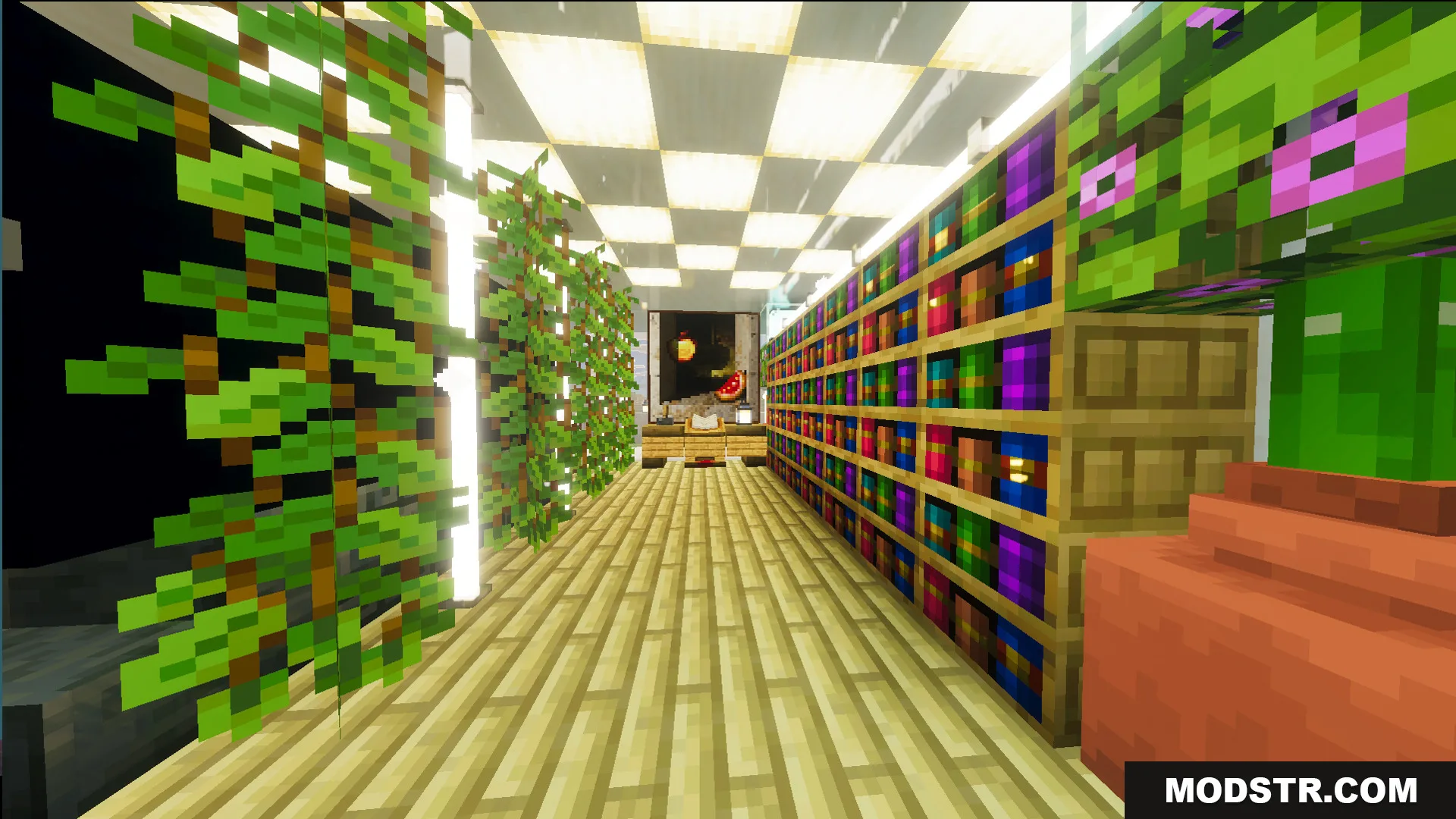Survival Modern House 23 Map Screenshot 9 Detailed library room featuring bookshelves and a glowing checkered ceiling for survival