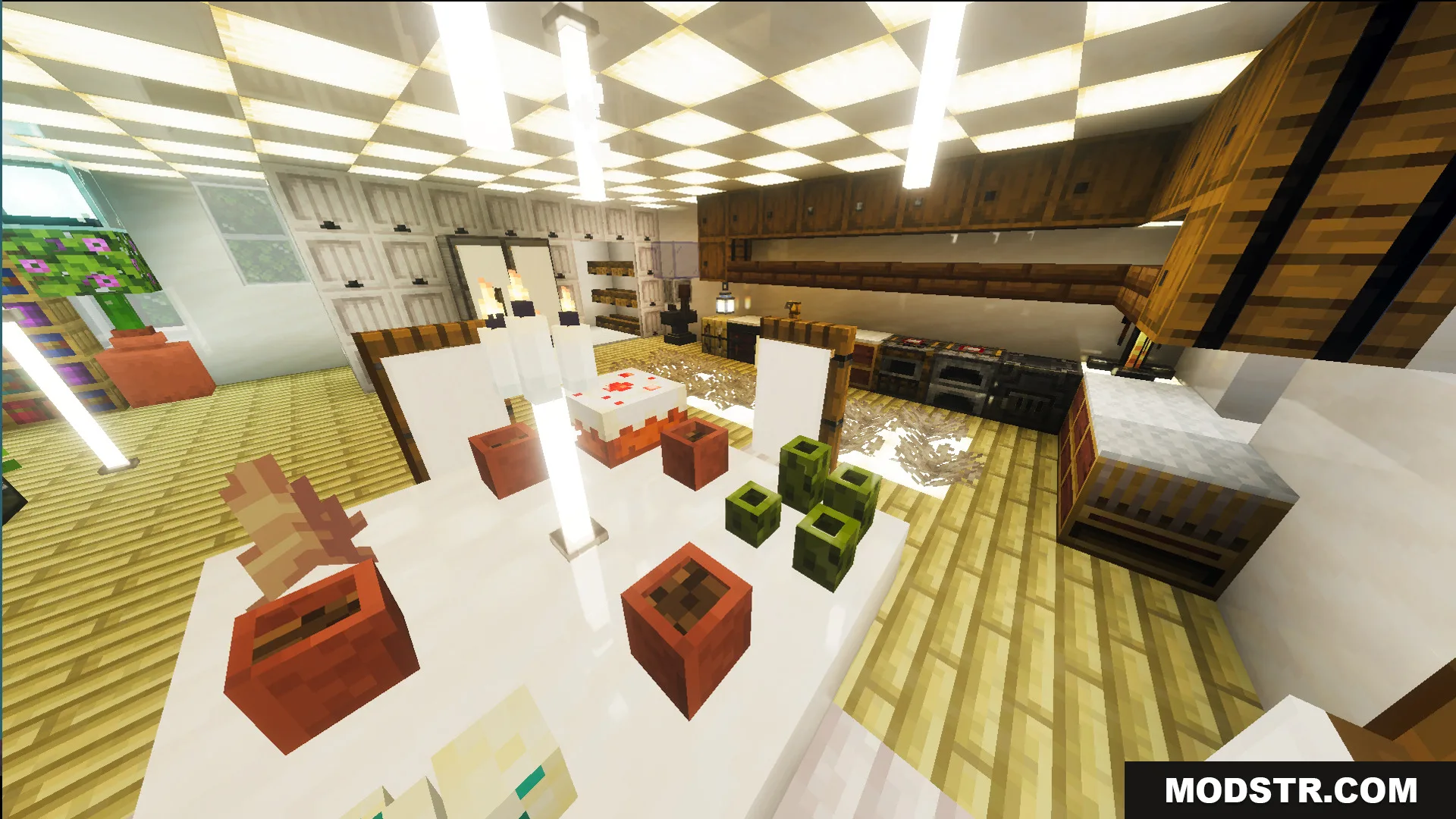Survival Modern House 23 Map Screenshot 6 Detailed kitchen and dining area with a cake and glowing ceiling lights