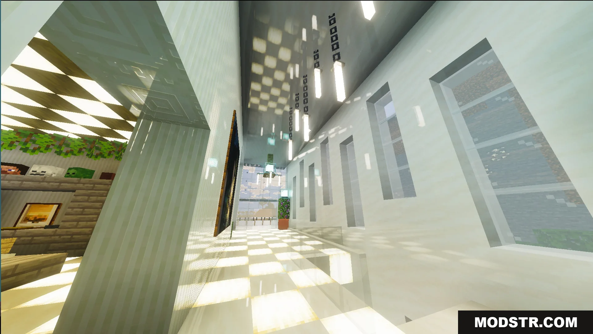 Survival Modern House 23 Map Screenshot 8 Interior of a modern house featuring glowing checkered floors and large glass windows