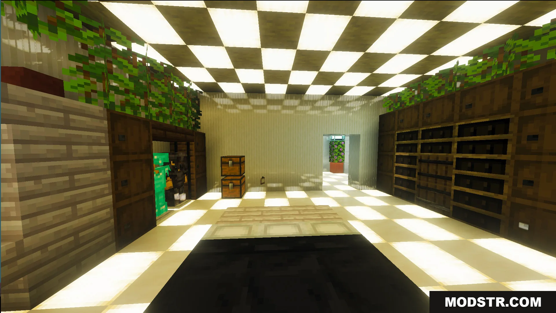 Survival Modern House 23 Map Screenshot 10 Spacious room with armor stands and chests under a glowing checkered ceiling